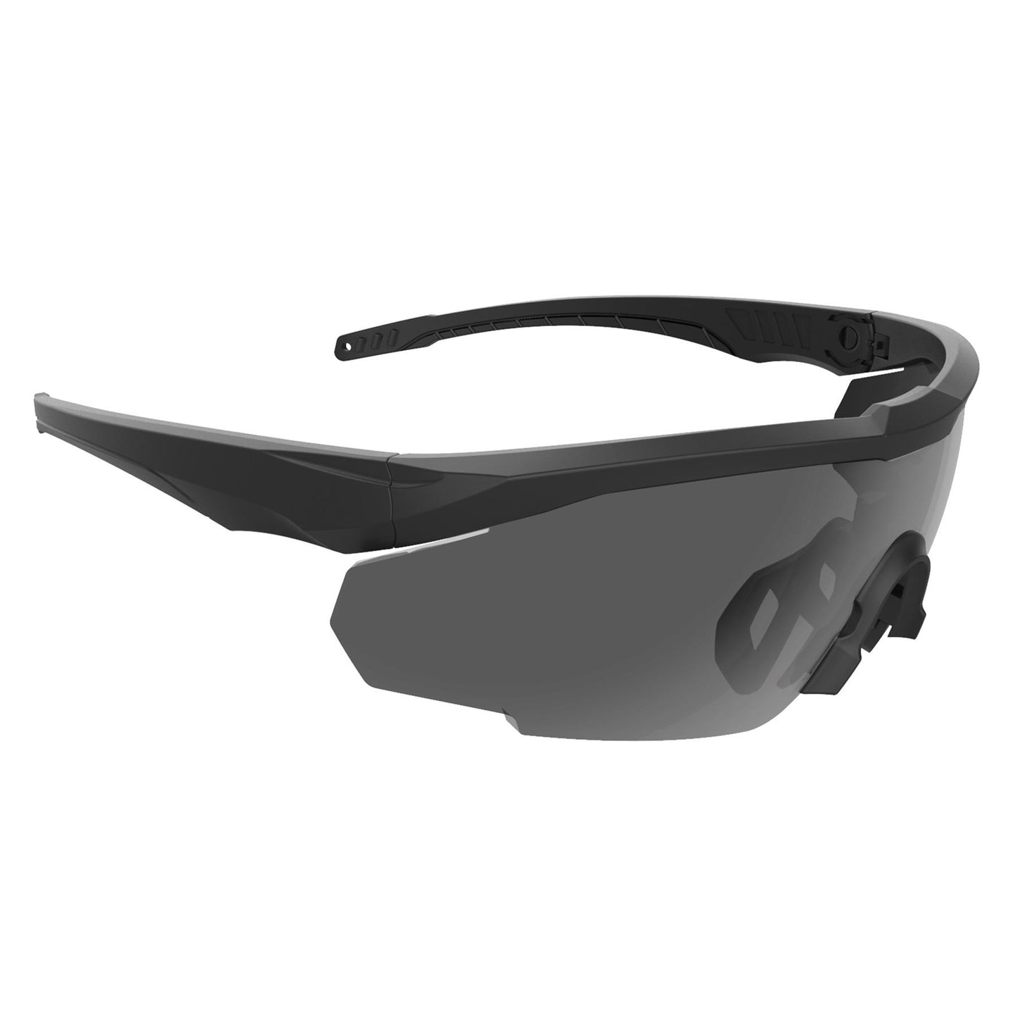Swisseye BLACKHAWK PRO akiniai nuo saulės su juodu rėmeliu ir tamsintais lęšiais, matomi iš šono