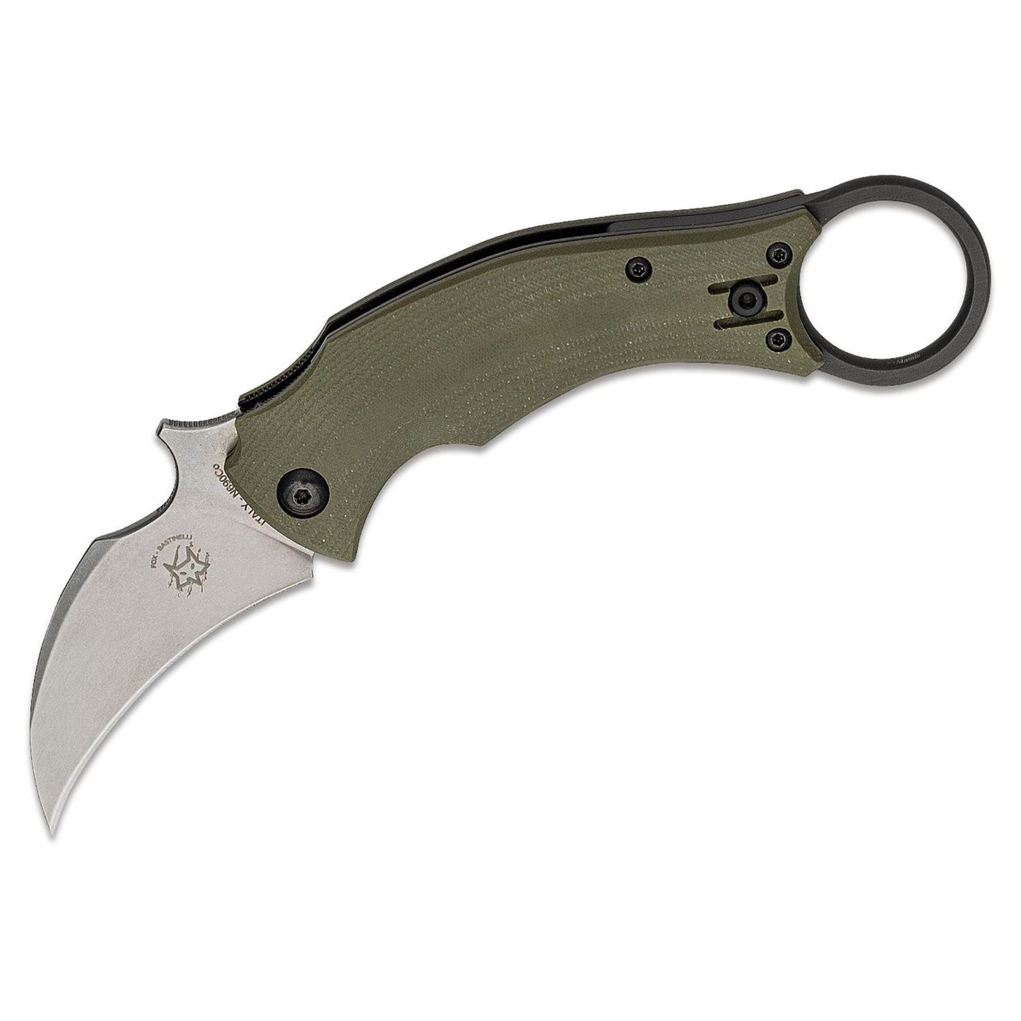 Fox Knives FX-591 sulankstomas karambitas su žalia G10 rankena ir plieniniu stonewashed ašmeniu taktiniam naudojimui