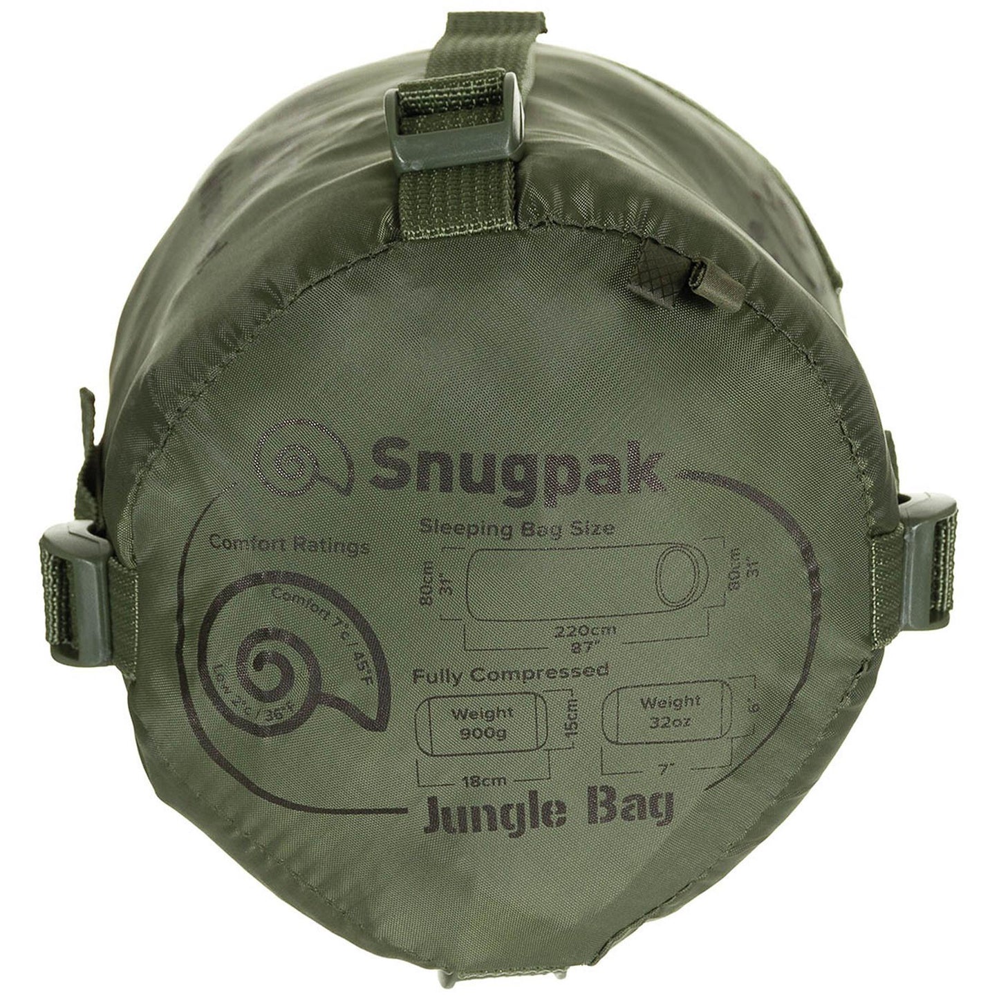 Snugpak antibakterinis miegmaišis su užtrauktuku, supakuotas alyvuogių spalvos kompresiniame maišelyje.