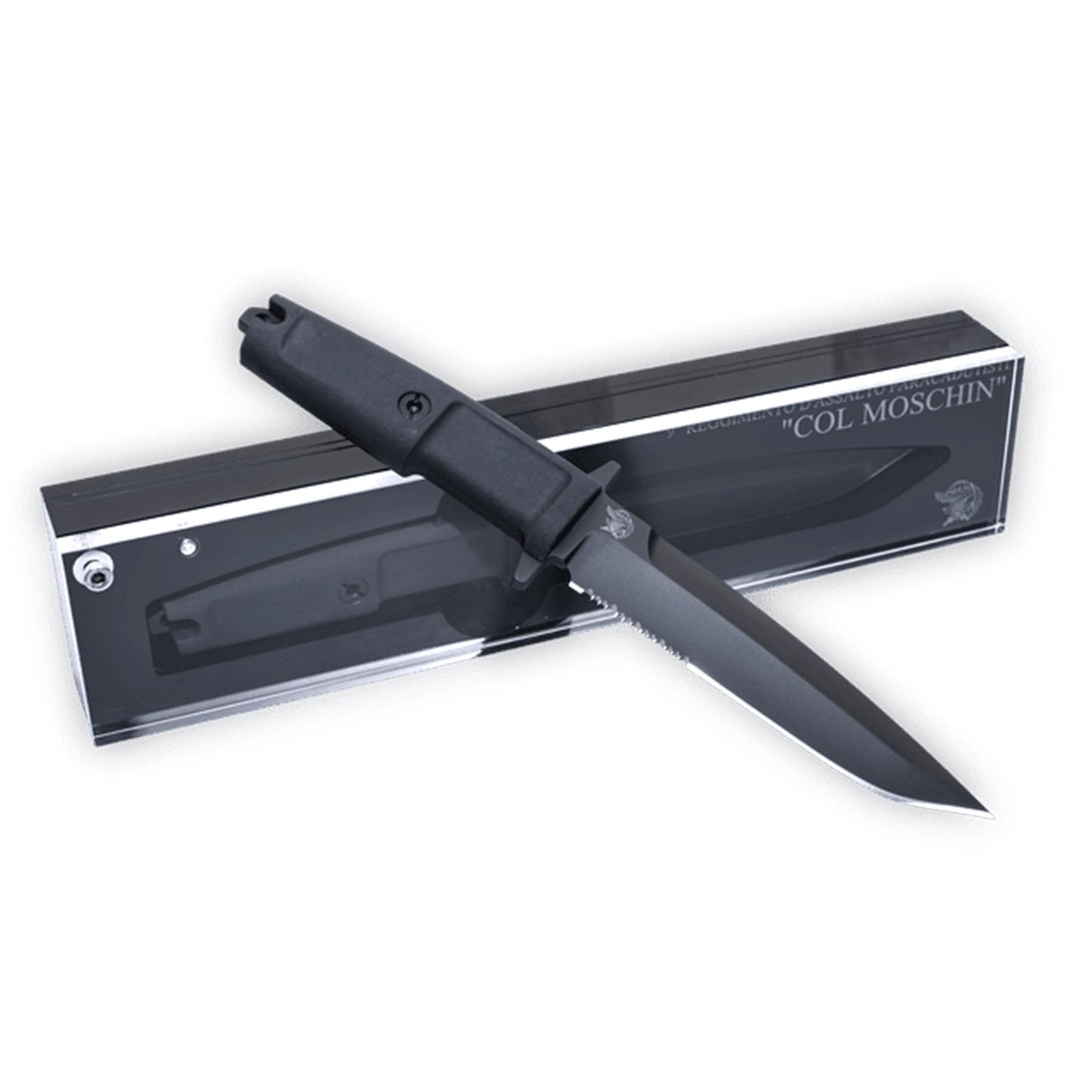 Extrema Ratio COL MOSCHIN BLACK kolekcinis fiksuotas peilis iš N690 plieno su eksponavimo dėklu.