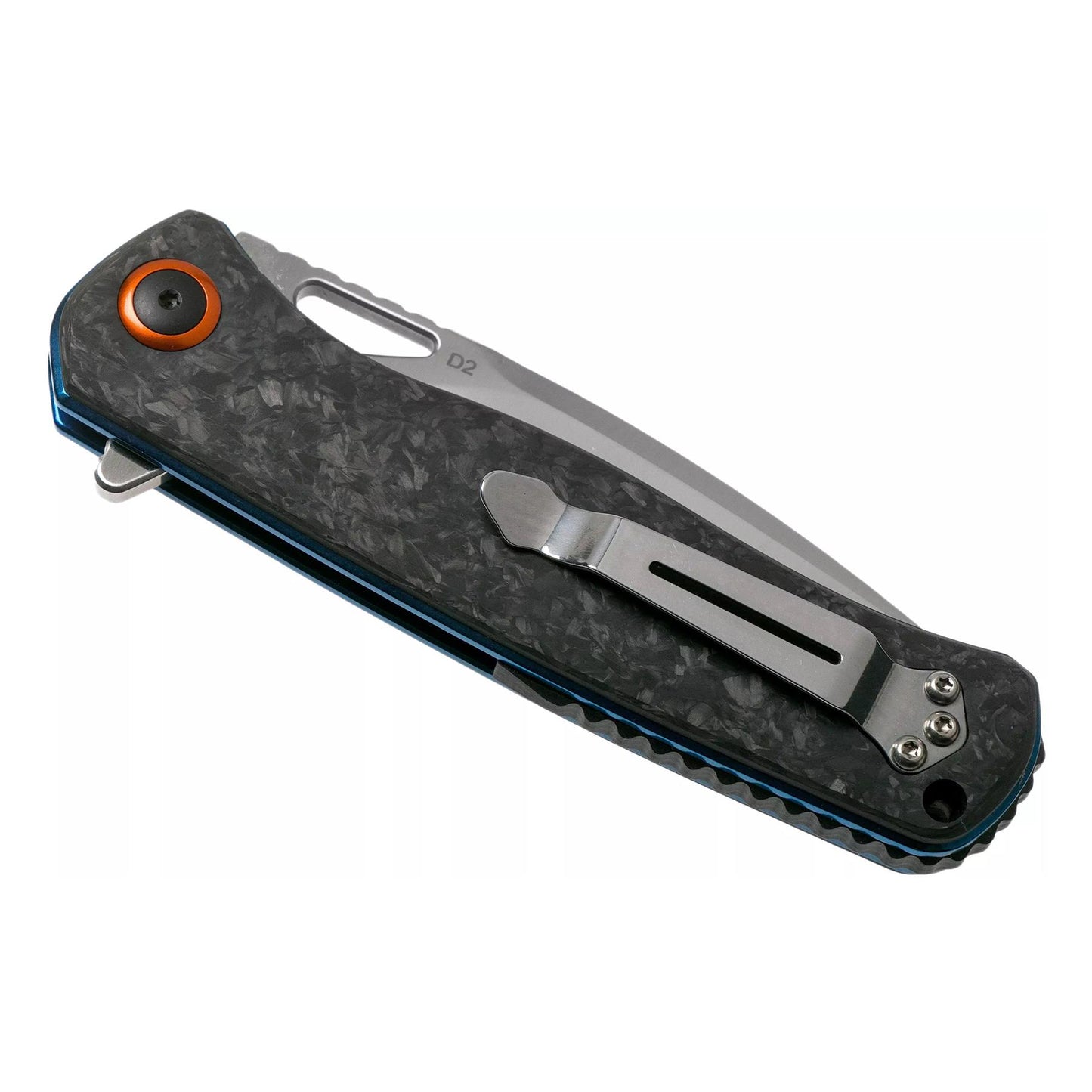 Boker Nebula kiseninis peilis su anglies pluosto rankena, metaliniu spaustu ir oranzine detale, sulenktas padetis