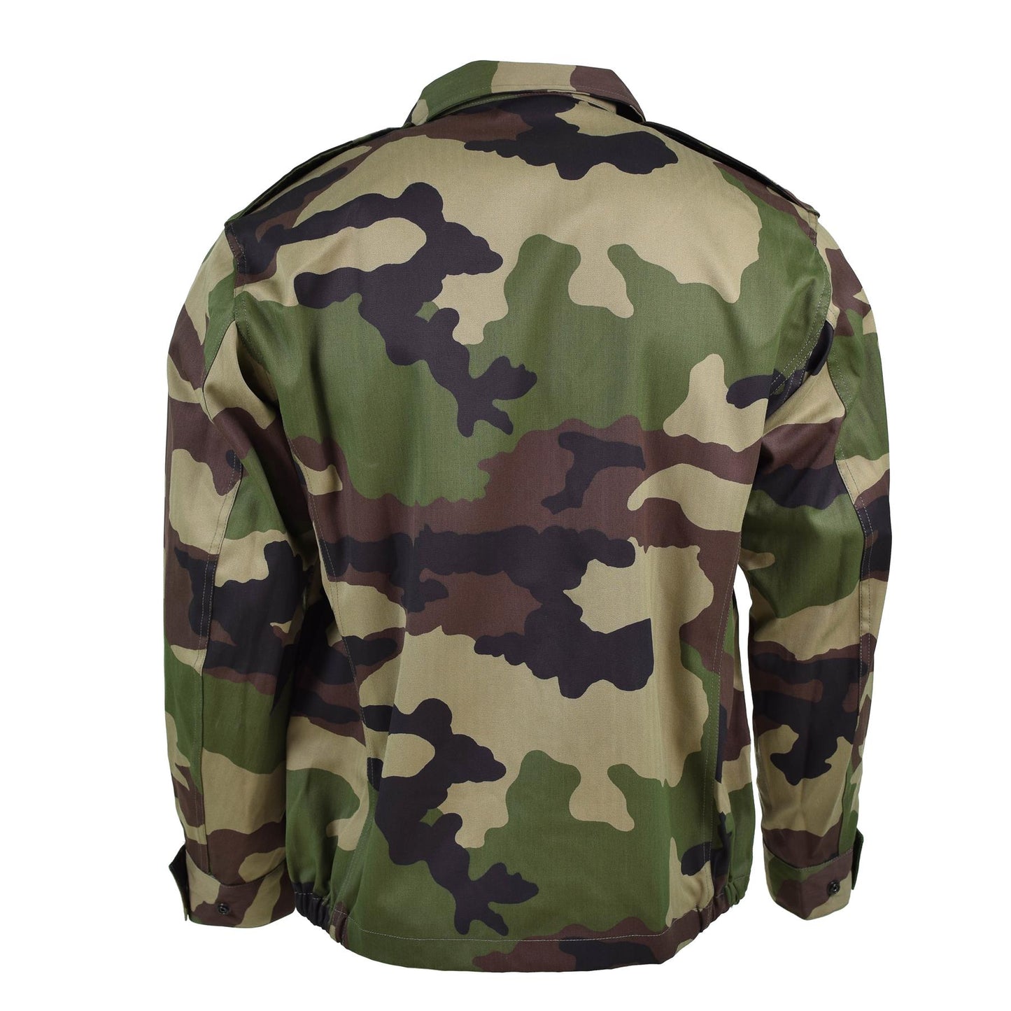 Prancūzijos kariuomenės uniforminis švarkas Fatigue CE marginimo su kamufliažo raštu ir epolečių dirželiais.