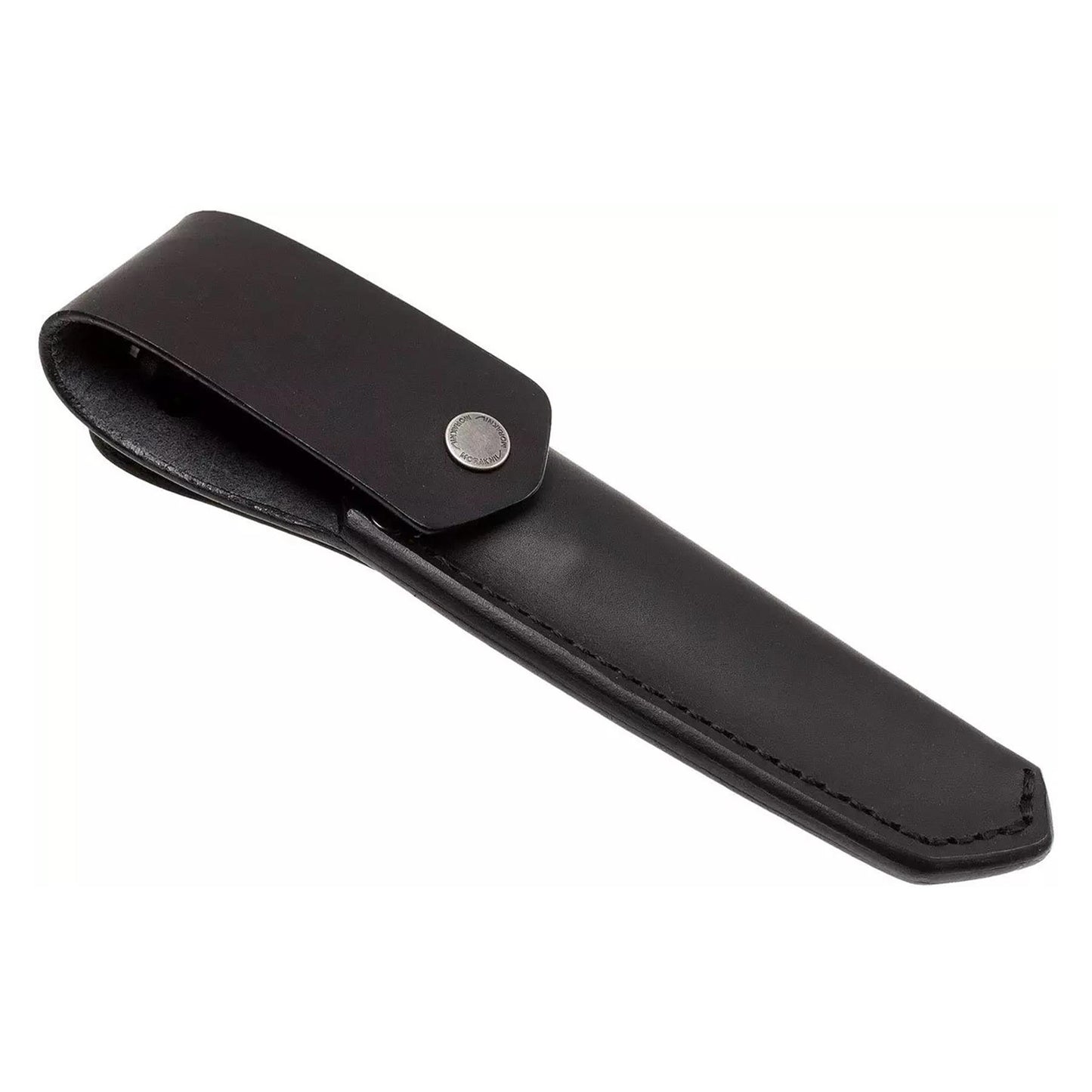MORAKNIV Garberg fiksuotas peilis stovyklavimui iš nerūdijančio plieno juodo odinio dėklo fone.