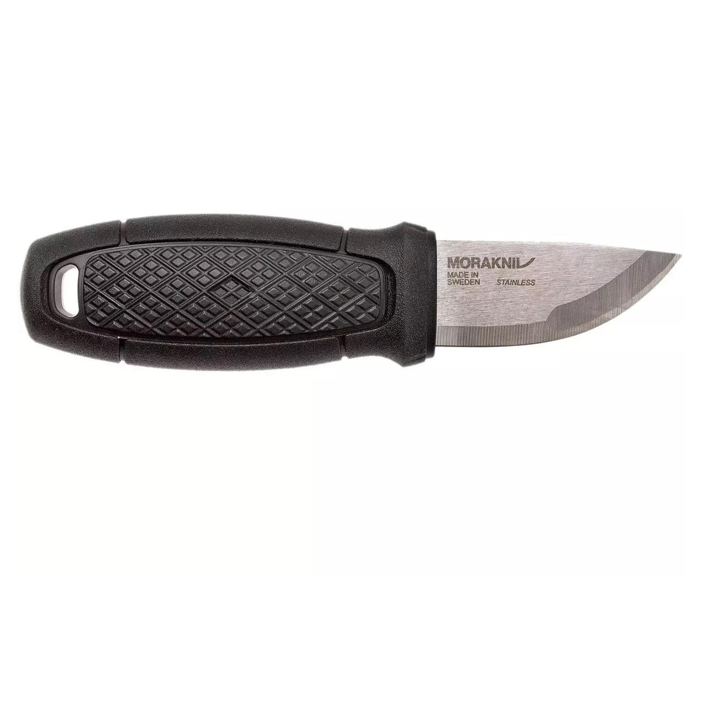 MORAKNIV Eldris fiksuotos geležtės peilis gumine rankena su 2 mm storio nerūdijančiu plienu ir ergonomine rankena.