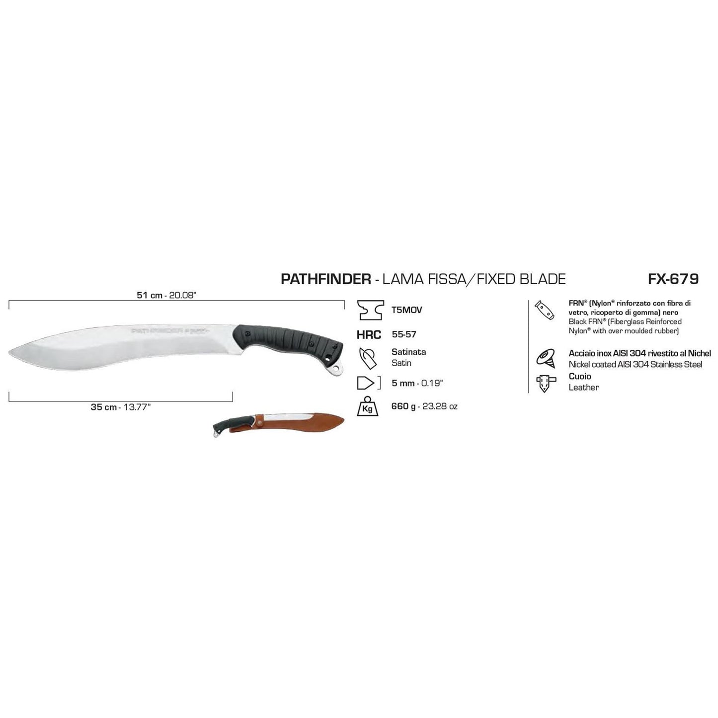 Fox Knives PATHFINDER mačetė X50CrMoV15 plienas su patogia rankena ir odiniu dėklu, Italijos gamybos, tvirta ir ilgaamžė.