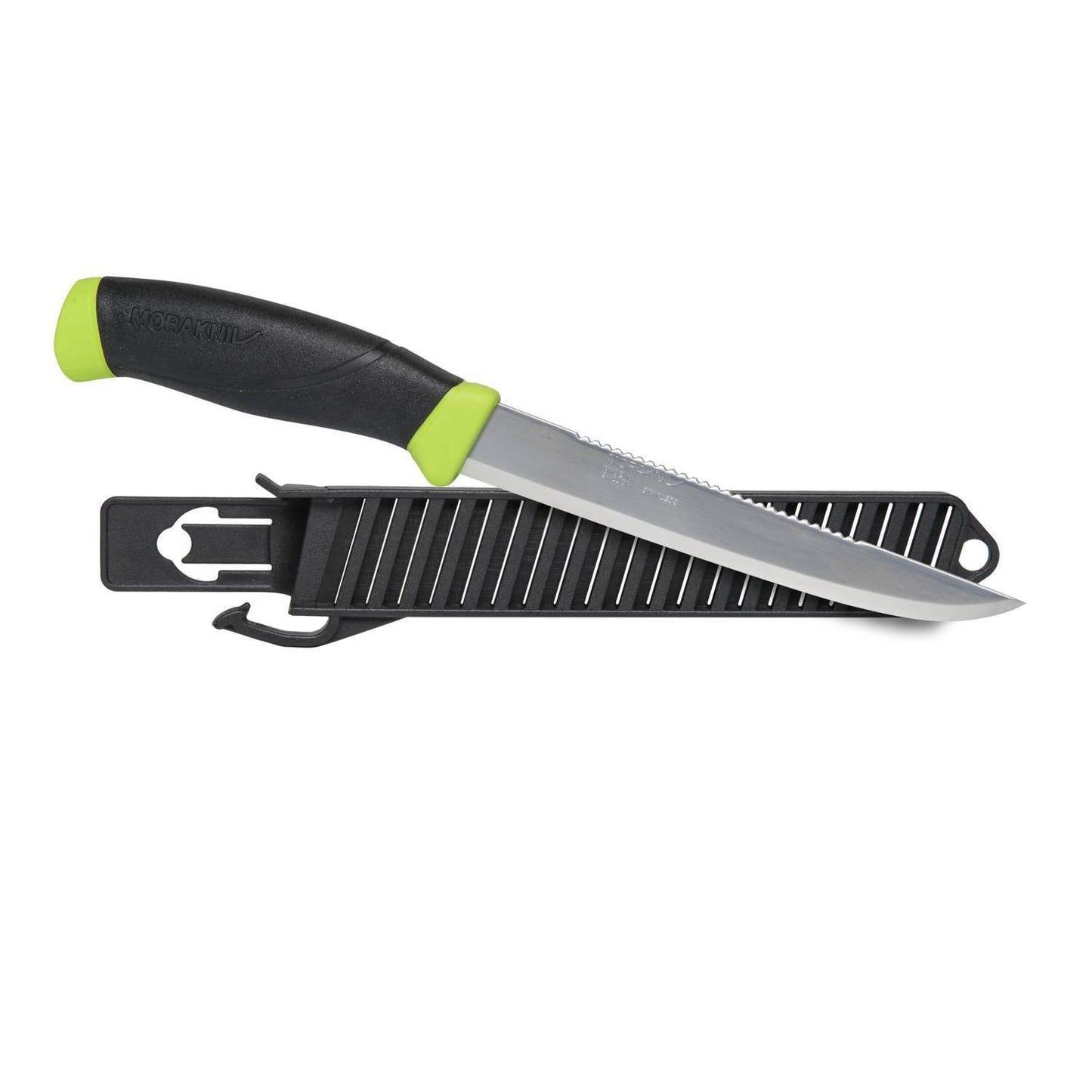 MORAKNIV Fishing Scaler 150 nerūdijančio plieno filetavimo peilis su deklu ir neslystančia TPE gumos rankena.
