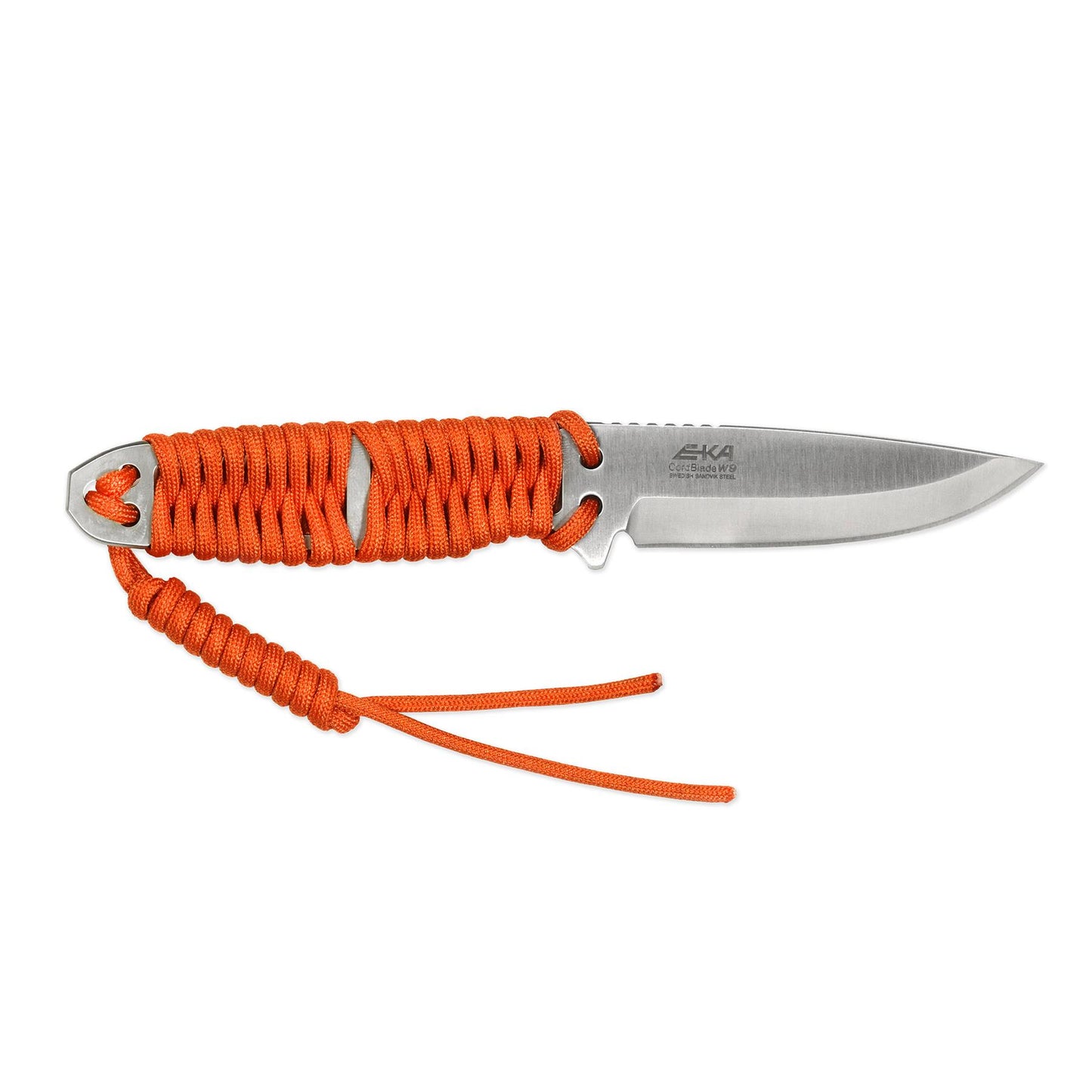 EKA CordBlade W9 išgyvenimo peilis su drop point geležte ir oranžine paracord rankena gamtos entuziastams.