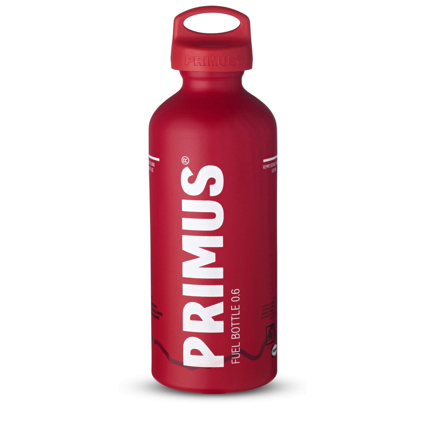 Primus skysto kuro aliuminė talpa viryklėms, raudona, lengva ir patvari, skirta stovyklavimo įrangai.