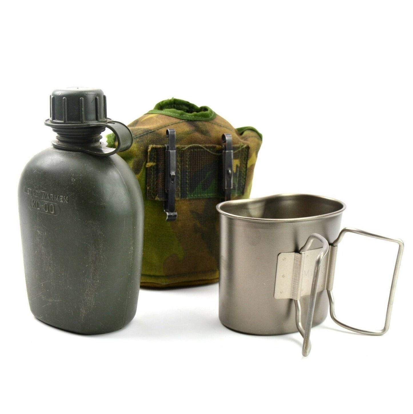 Nyderlandų kariuomenės gertuvės rinkinys su puodeliu Alice tvirtinimas woodland camo dėklas ir gertuvė.