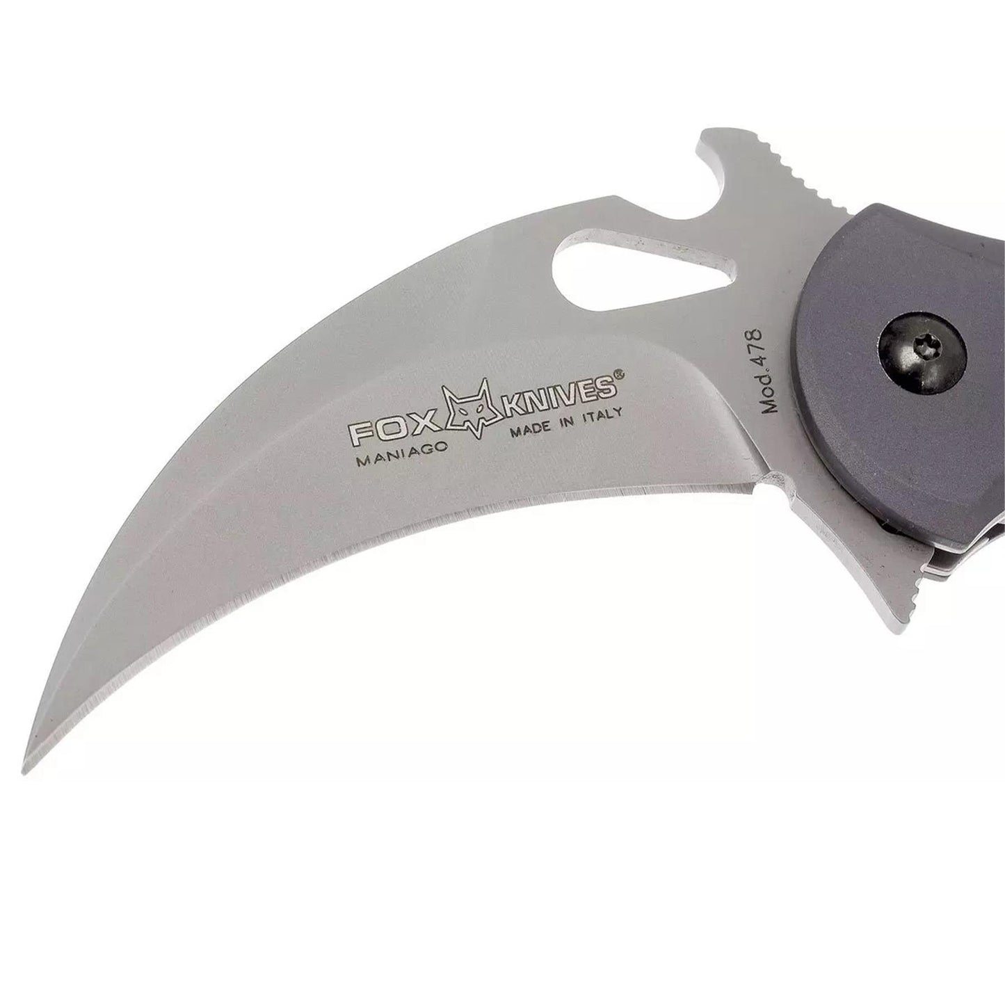 Fox Knives Mini Karambit FX-478 sulankstomas peilis su N690Co plieno pilku ašmeniu ir ergonomine rankena.