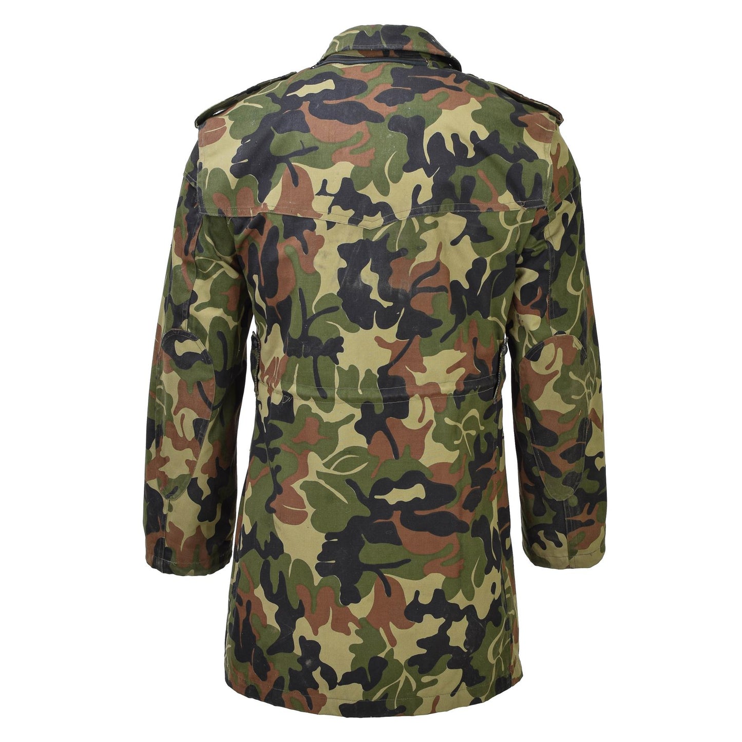 Rumunijos kariuomenės ilga lauko parka M93 su gobtuvu Leaf marginimas žalia maskuotė, reguliuojami rankogaliai ir juosmuo.