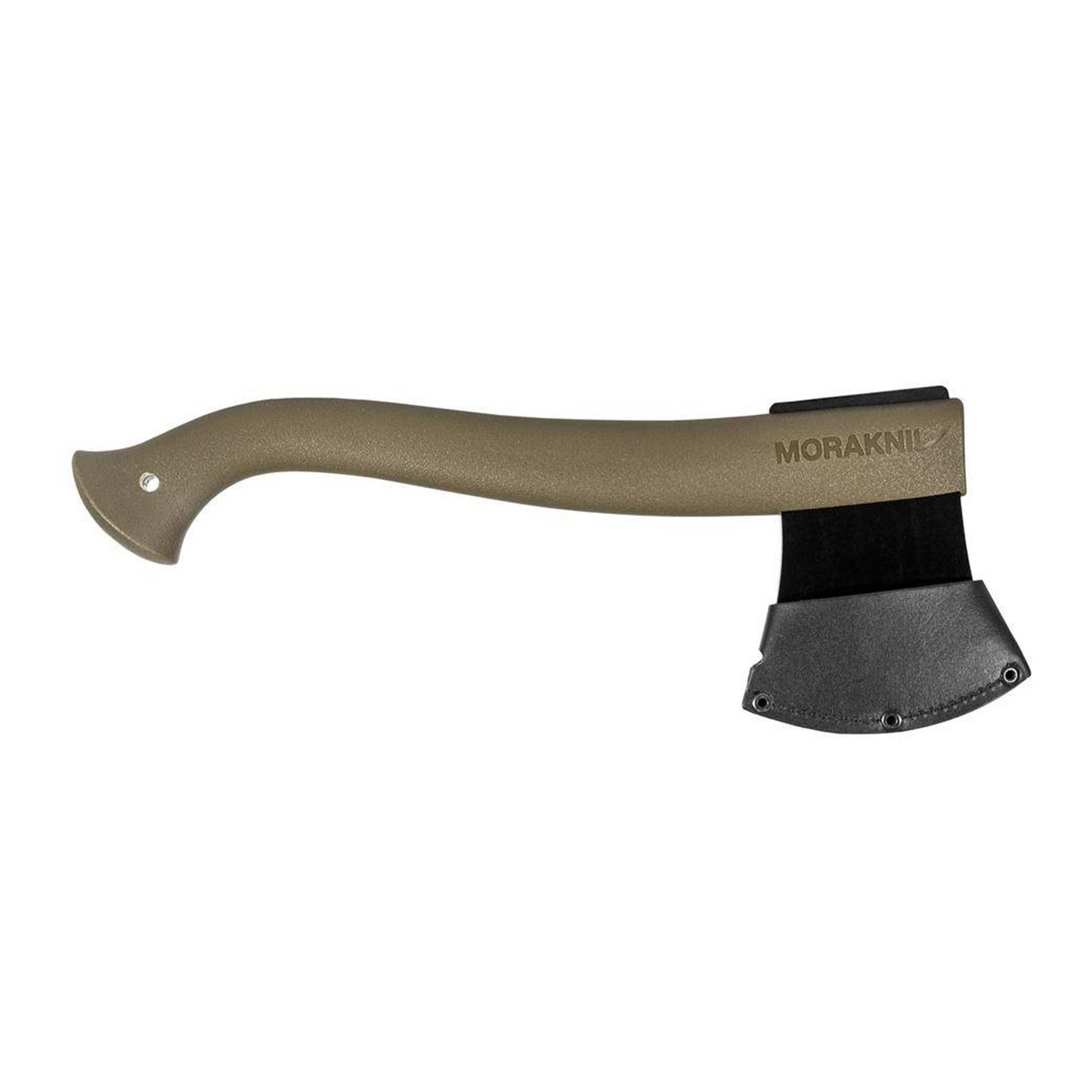 MORAKNIV kirvis su boro plieno galva ir odiniu dėklu, tvirtas ir patvarus lauko įrankis kapojimui.