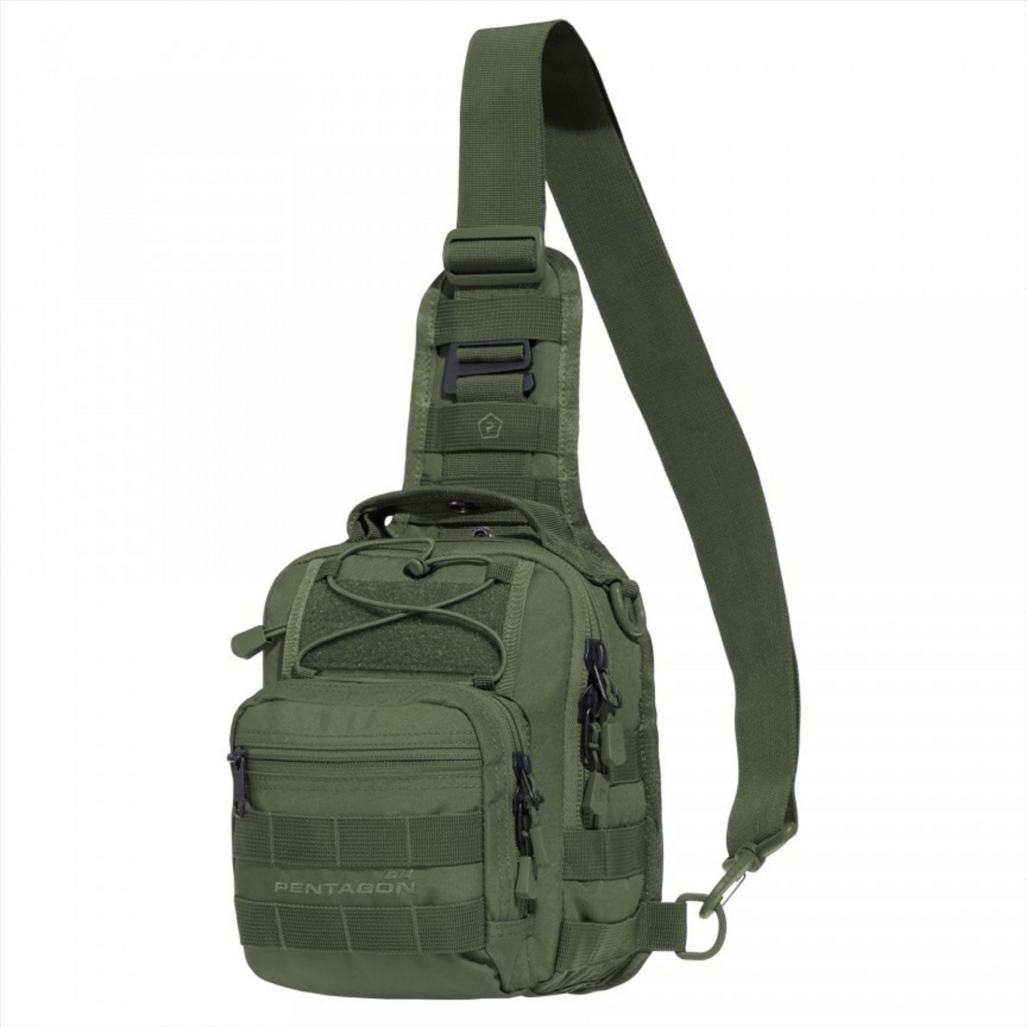 PENTAGON UCB 2.0 Chest krepšys 7L su MOLLE sistema, žalias kompaktiškas taktinio stiliaus krūtinės krepšys.