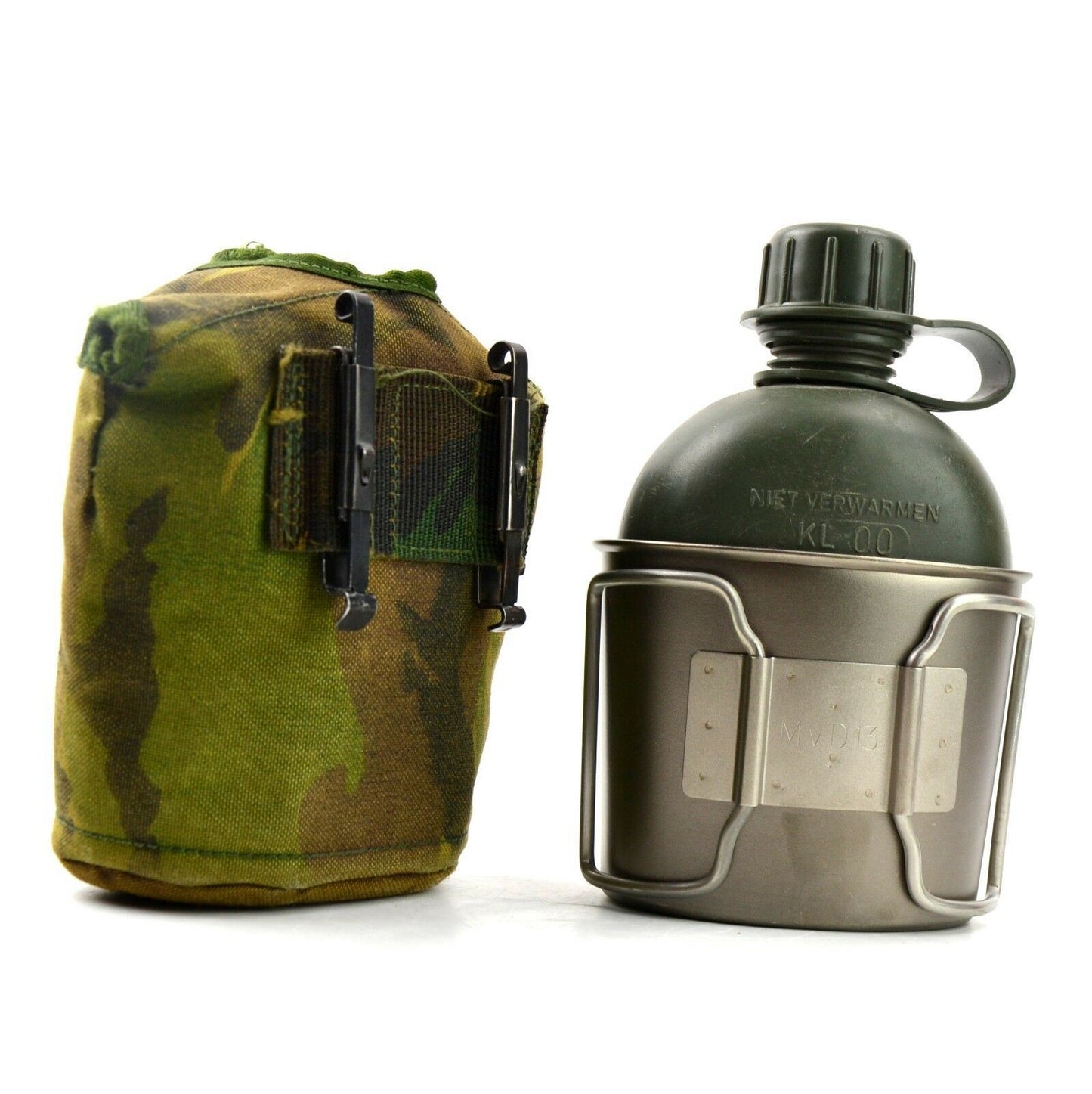 Nyderlandų kariuomenės gertuvės rinkinys su puodeliu Alice tvirtinimas ir woodland camo dėklas.