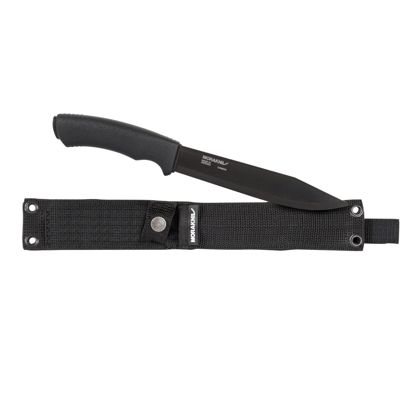 MORAKNIV Pathfinder taktinis fiksuotas peilis anglies plienas su juodu rankena ir dėklu stovyklavimui.