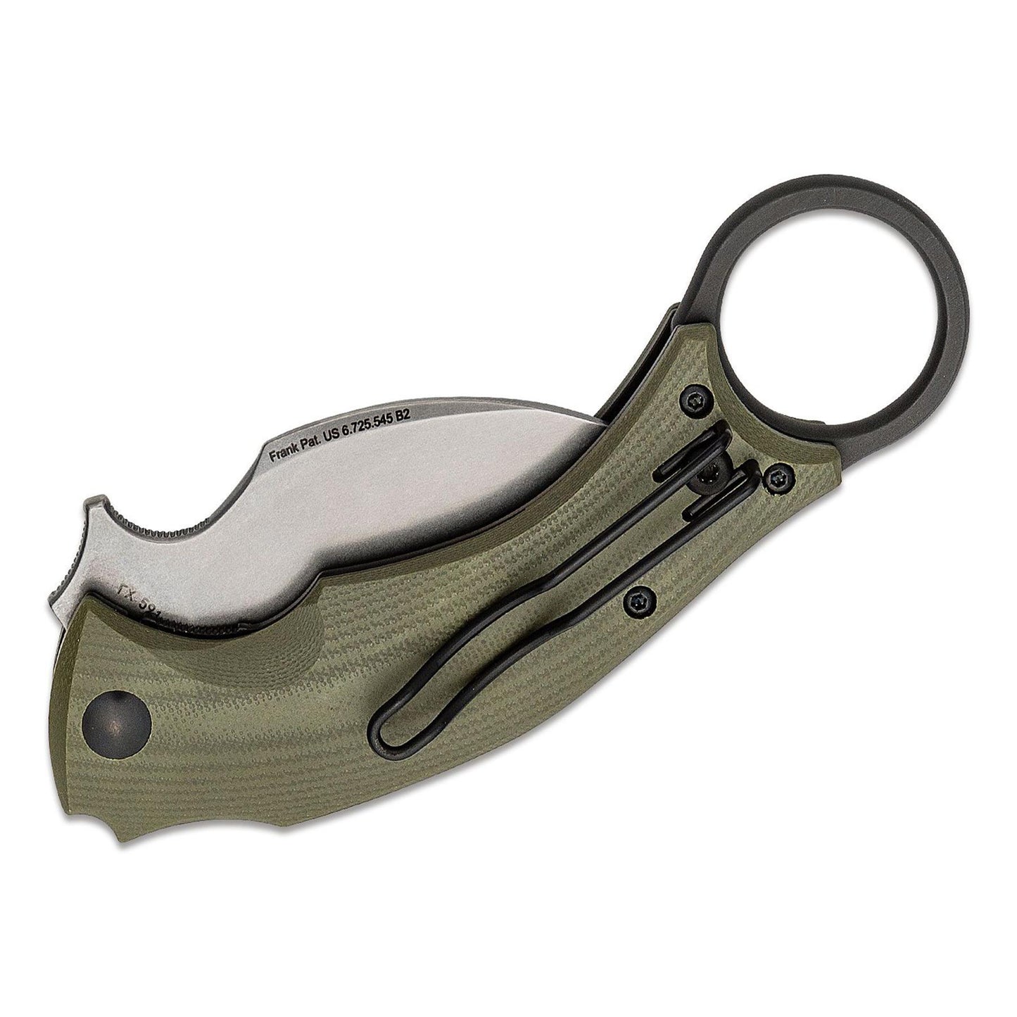 Fox Knives FX-591 sulankstomas karambitas taktinis kovos peilis su žiedu ir žaliu G10 rankena.