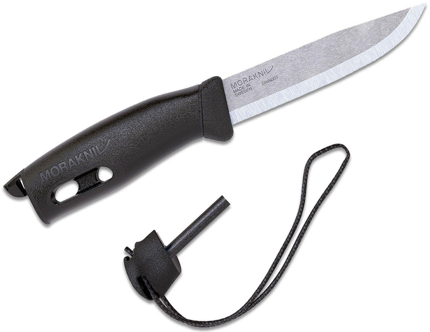 MORAKNIV Companion Spark universalus fiksuotas peilis su ugnies skeltuvu, ergonomiška rankena ir nerūdijančio plieno geležtė.