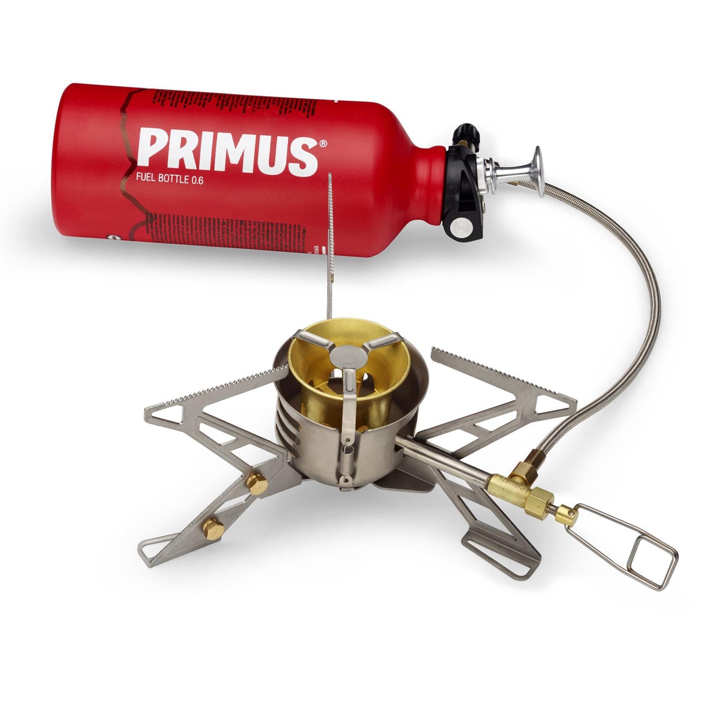 Primus OmniFuel II nerūdijančio plieno skysto kuro viryklė su pompa ir patvariomis puodų atramomis.