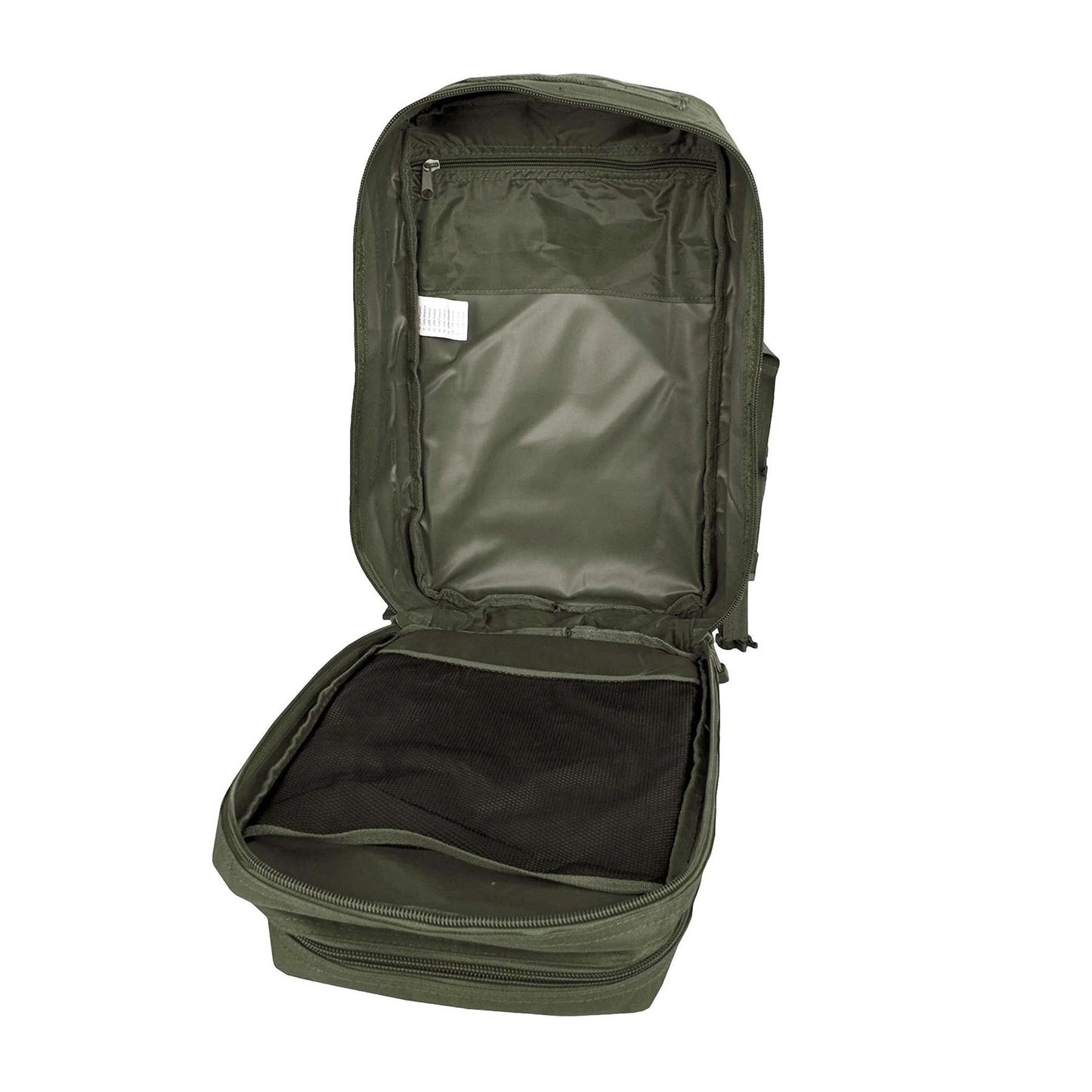 MIL-TEC U.S. Assault combat backpack trekking hiking outdoor rucksack 36L olive atvira su matomomis vidinėmis kišenėmis.