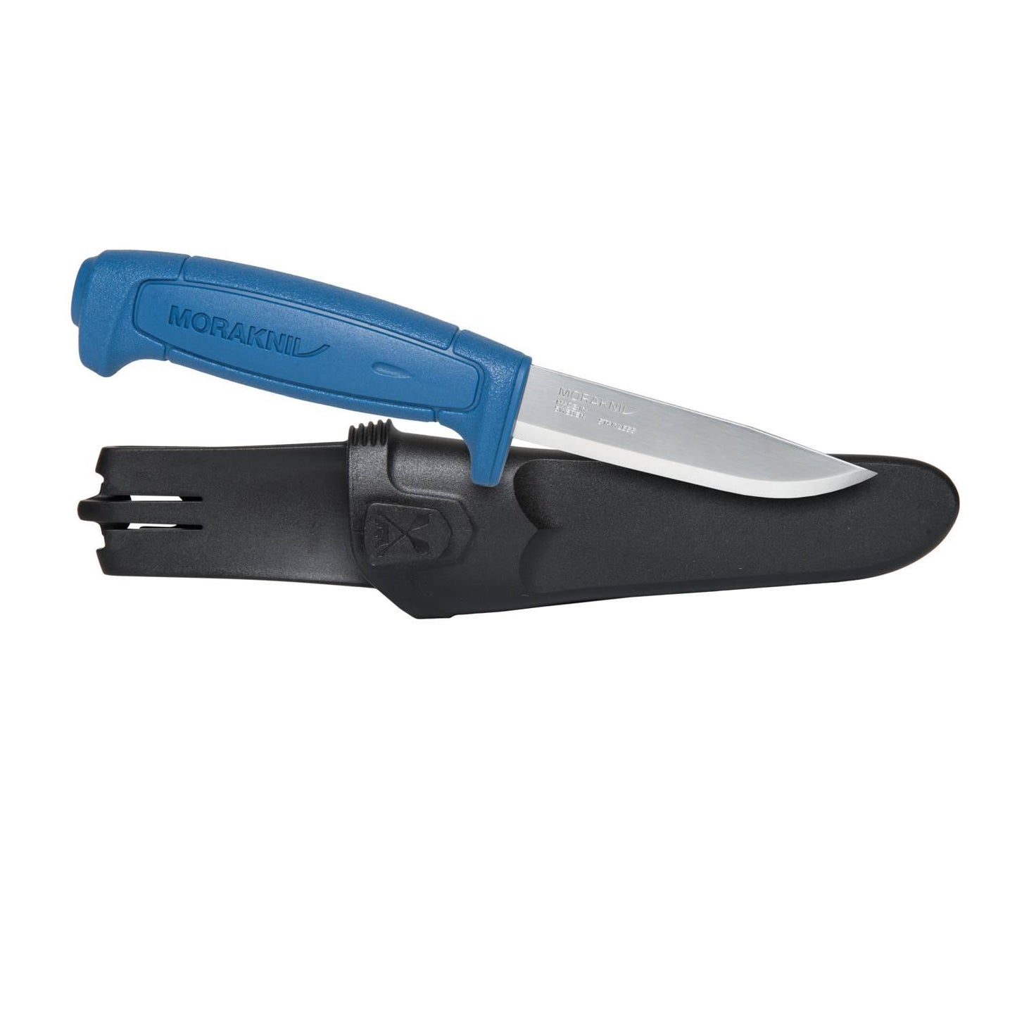 MORAKNIV Basic 546 fiksuotas peilis iš nerūdijančio plieno su mėlyna rankena ir juodu dėklu.