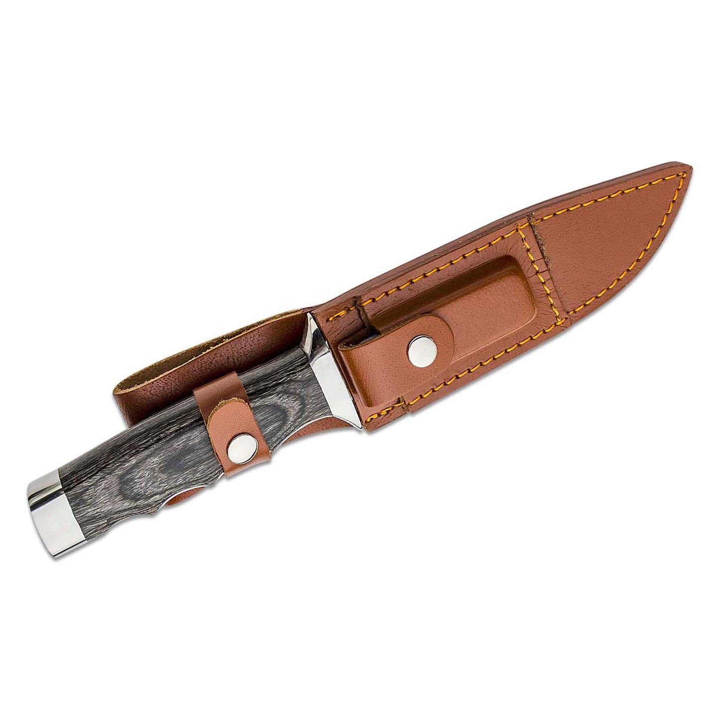 BOKER Jungle Devil medžioklinis peilis su odine makštimi ir ergonomiška Pakka medienos rankena