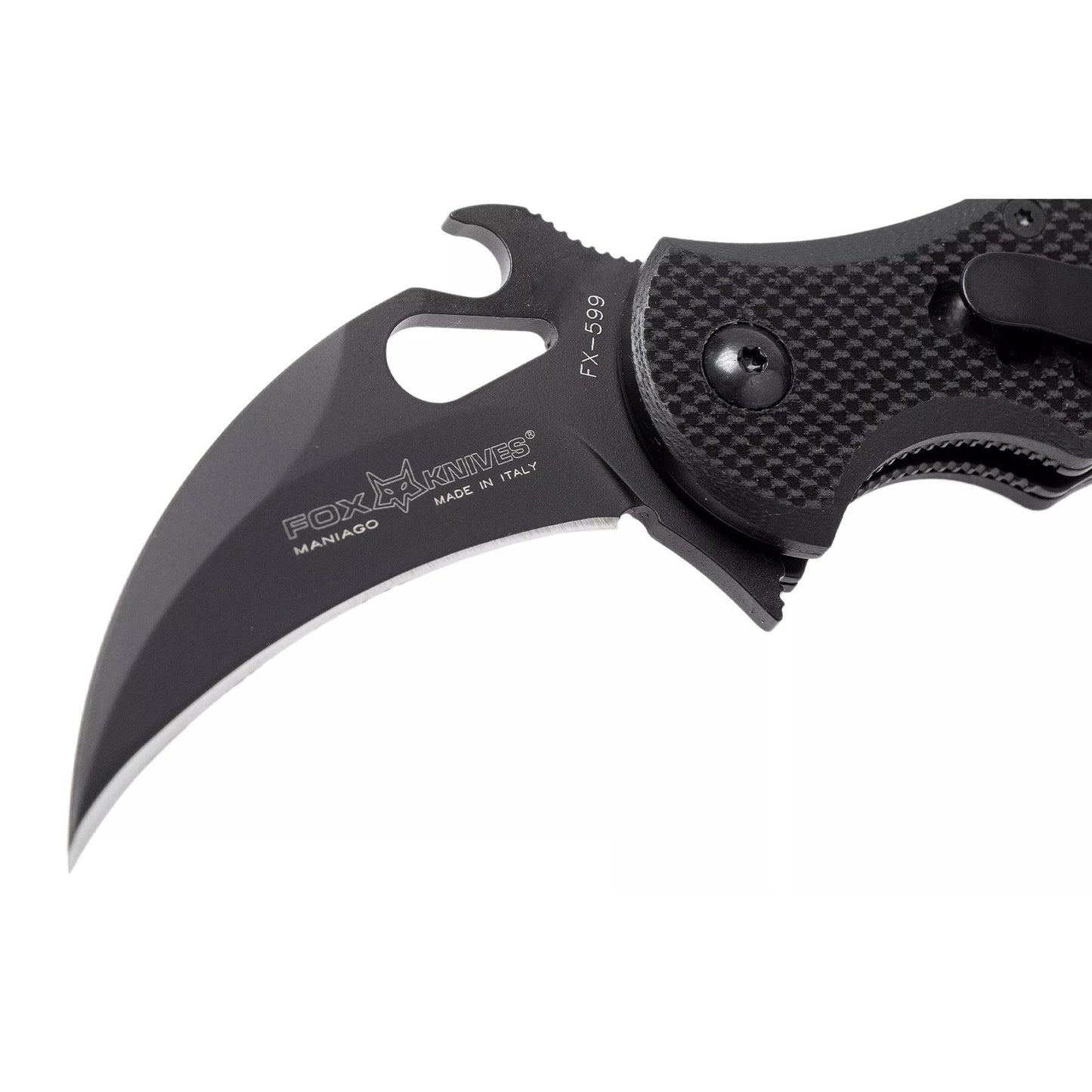 Fox Knives FX-599 sulankstomas taktinis peilis karambitas su juodu N690Co plieno geležte ir G10 rankena.