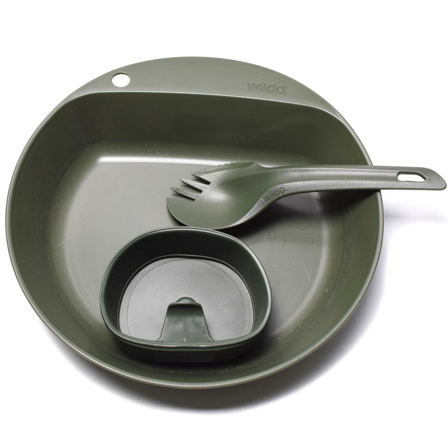 Wildo Pathfinder stovyklavimo valgymo rinkinys su lengva lėkšte, spork ir mažais indais patogiam valgymui gamtoje.