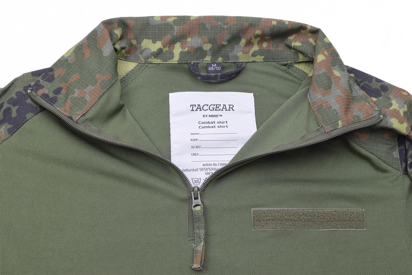TACGEAR Vokietijos kariuomenės stiliaus taktiniai marškiniai Flectarn marginimo, žali su kamufliažo detalėmis.