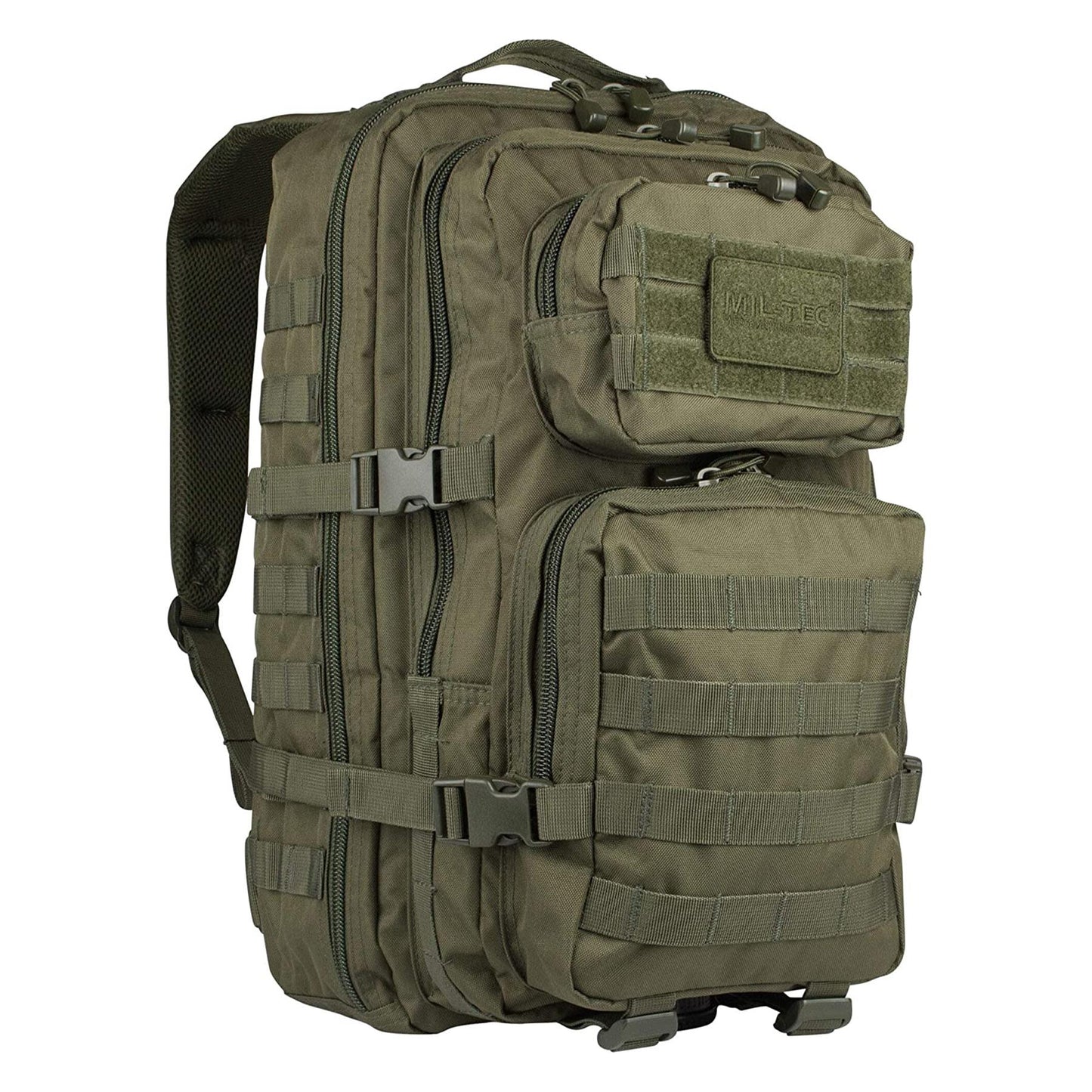 MIL-TEC U.S. Assault combat backpack trekking hiking outdoor rucksack 36L olive tvirta karo stiliaus kuprinė lauko veiklai.
