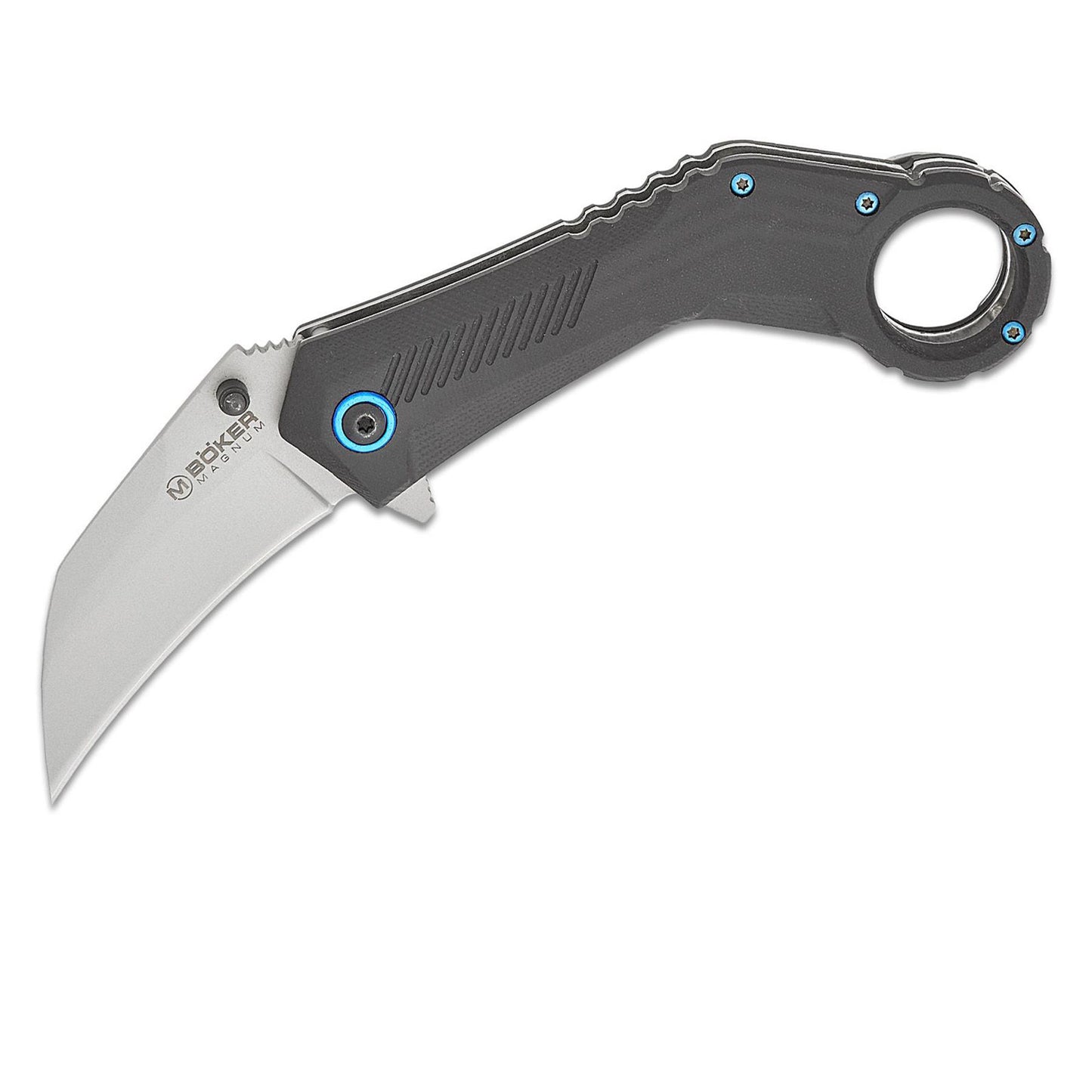 BOKER Magnum Velcon karambitas su pilka G10 rankena ir sidabrine 440C plieno geležte, su melynais varžtais