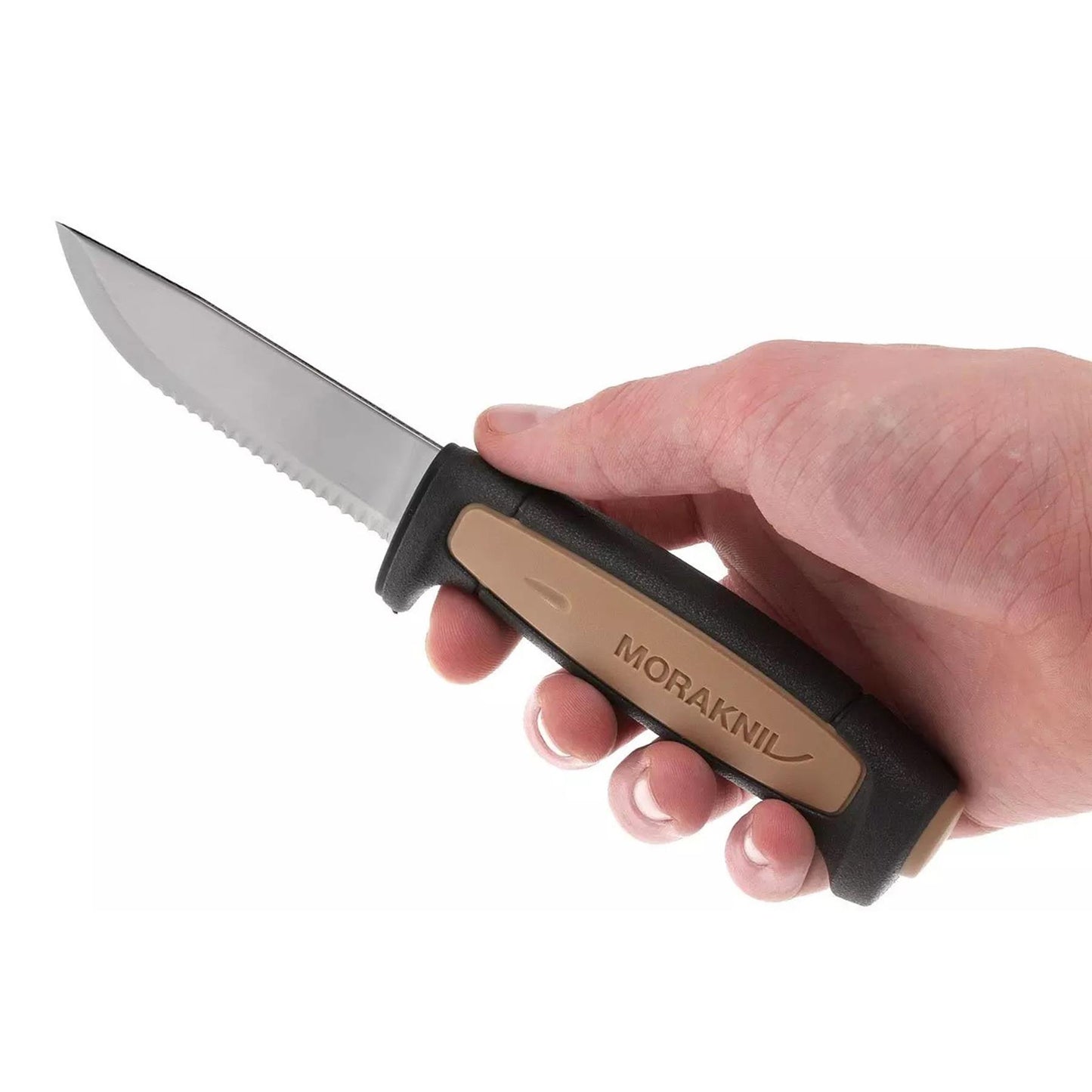 MORAKNIV Pro Rope SRT universalus peilis su fiksuota geležte ir seruotais ašmenimis patogioje rankoje.