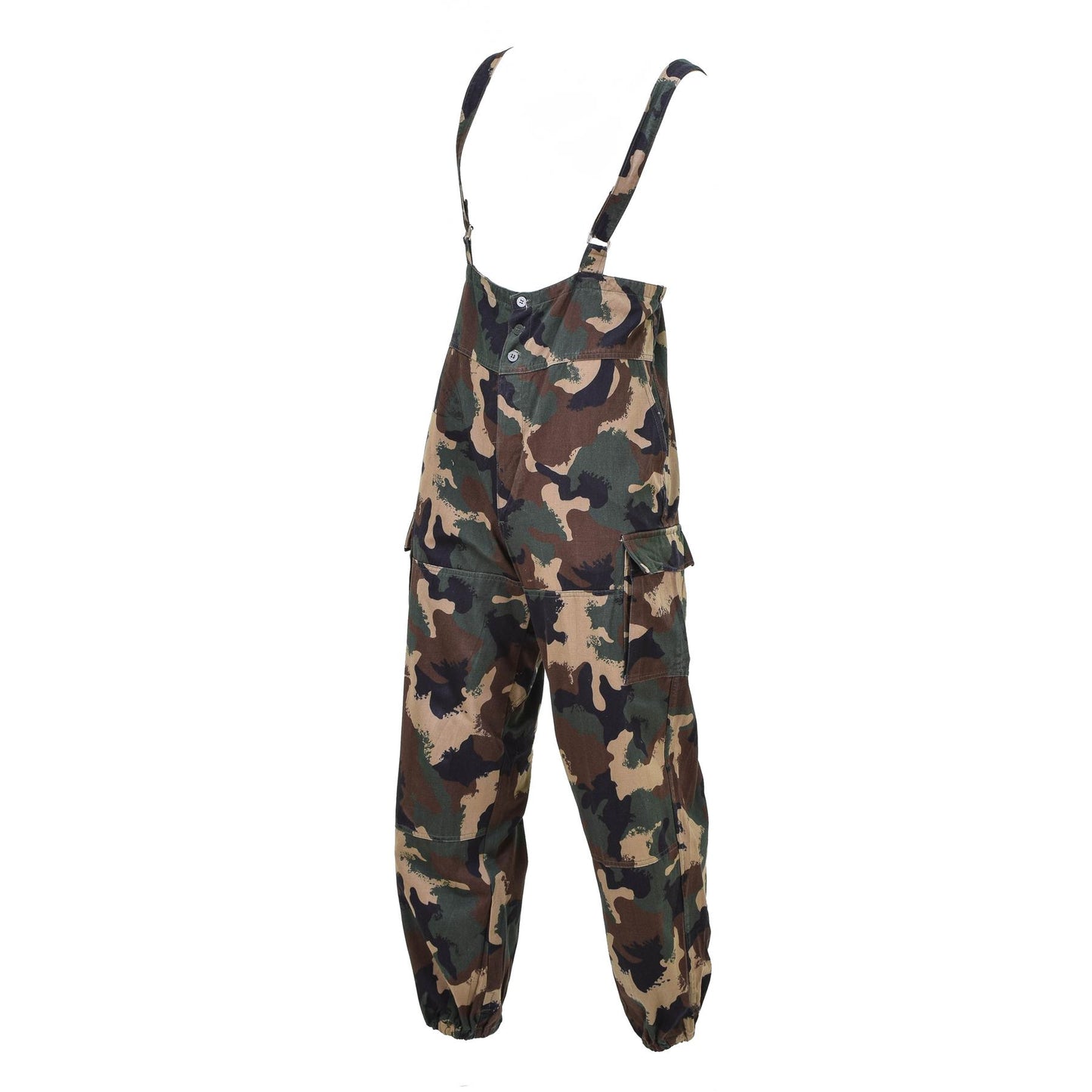 Vengrijos karinės kovinės kelnės M1990 BDU su petnešomis camo raštu ir reguliuojamomis petnešomis.