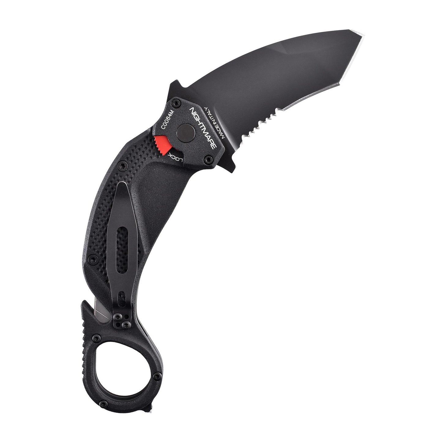 ExtremaRatio NIGHTMARE taktinis sulankstomas karambitas tanto formos N690 plienas su stiklą skaldančiu įtaisu ir pocket clip.