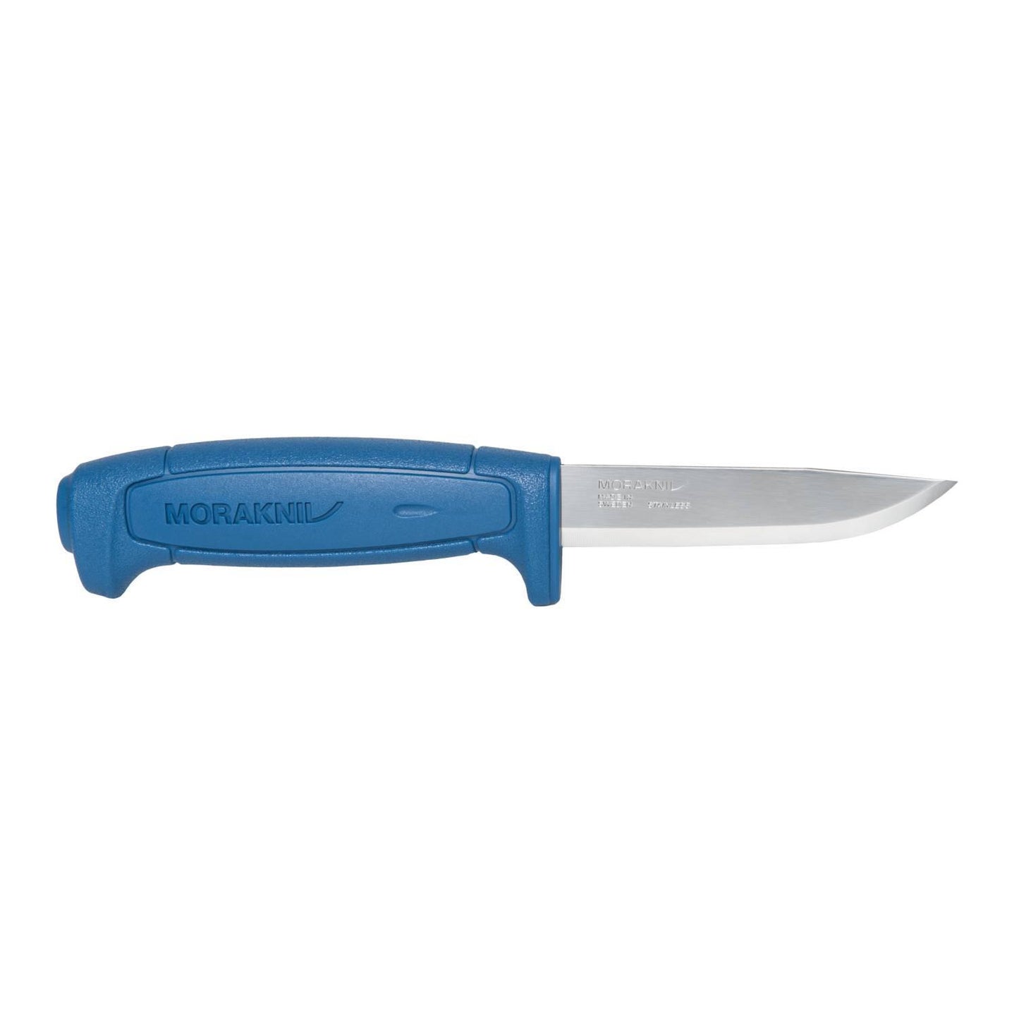 MORAKNIV Basic 546 fiksuotas peilis iš nerūdijančio plieno su mėlyna rankena ir aštriu, patvariu ašmeniu.