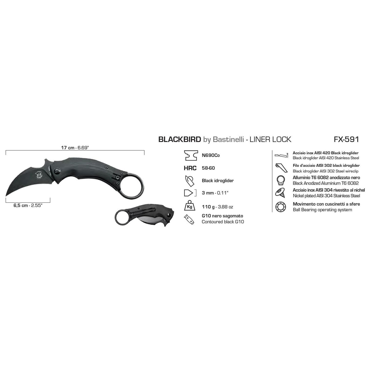 Fox Knives BLACK BIRD sulankstomas kišeninis karambito formos peilis su N690Co plieno ašmenimis ir patogia rankena.