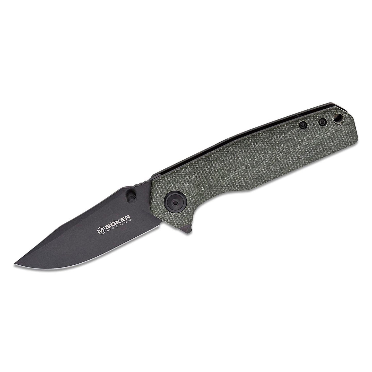 BOKER Field Flipper kasdienis peilis su pilka mikarta rankena ir juodu 440A plieno asmenimis atvertas 45 laipsniu kampu