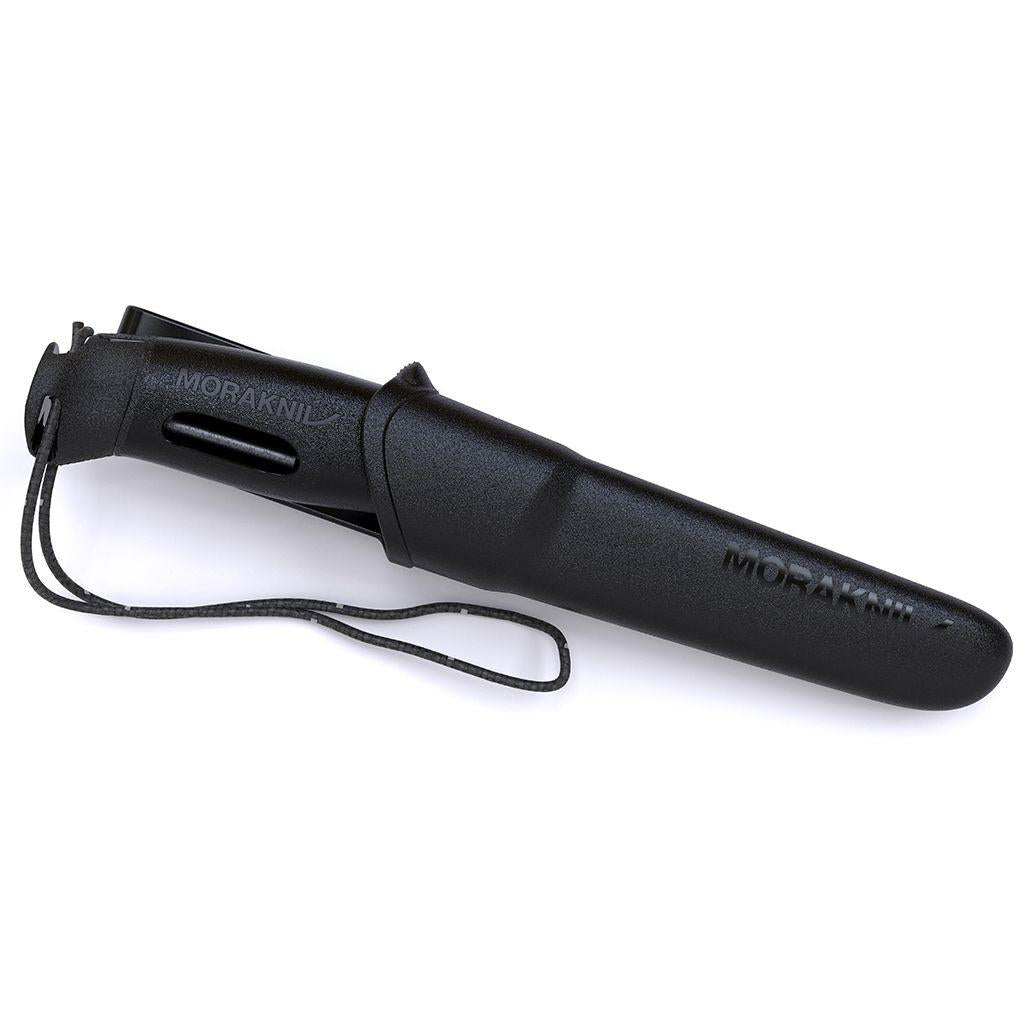 MORAKNIV Companion Spark universalus fiksuotas peilis su ugnies skeltuvu juodoje dėklo dėkle.