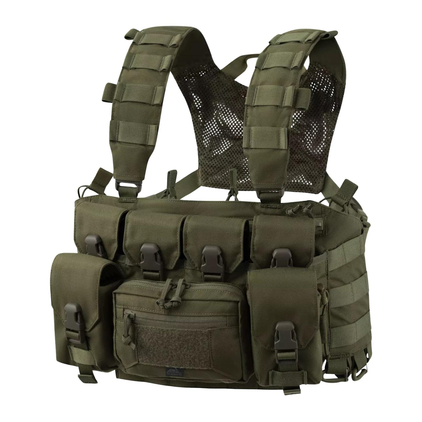 Helikon-Tex Guardian Reece Chest Rig liemenė su dėtuvėms skirtomis kišenėmis ir reguliuojamais diržais.