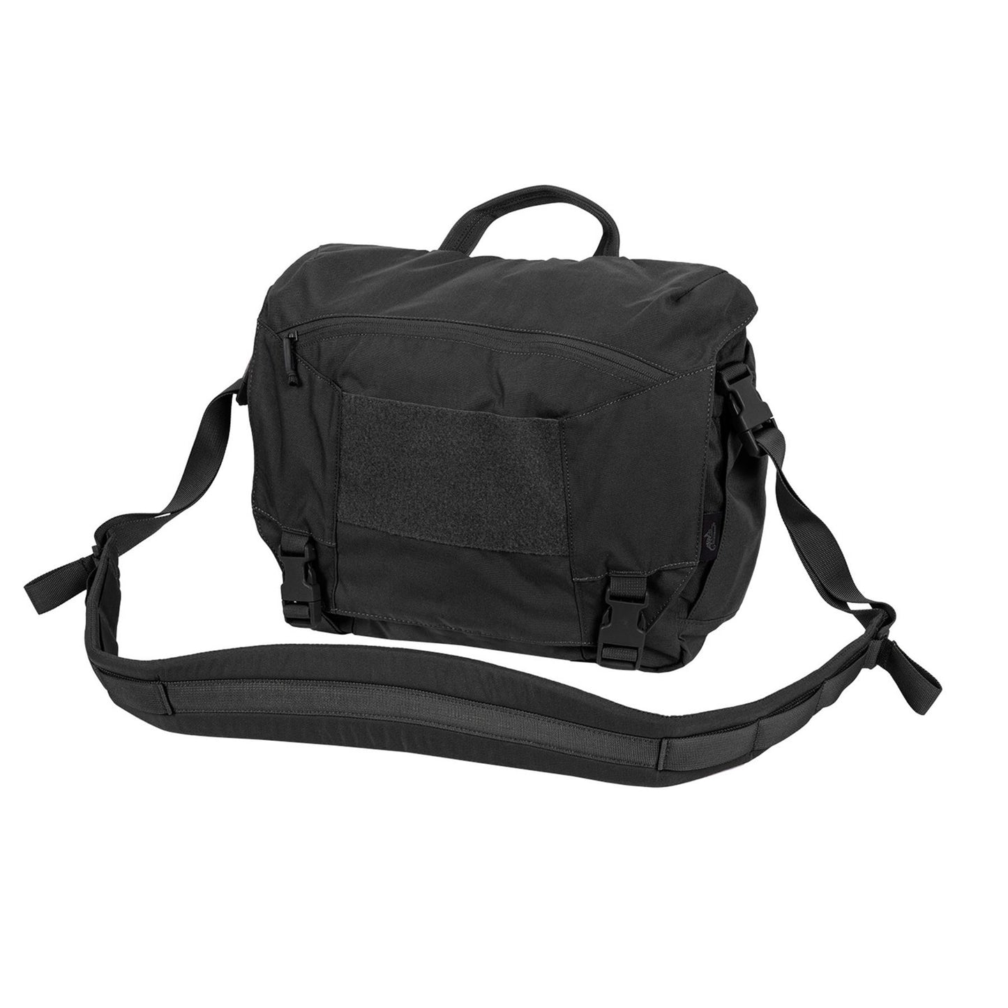Helikon-Tex Urban Courier Medium kariuomenės stiliaus krepšys juodos spalvos su reguliuojamu peties diržu ir Velcro panele.