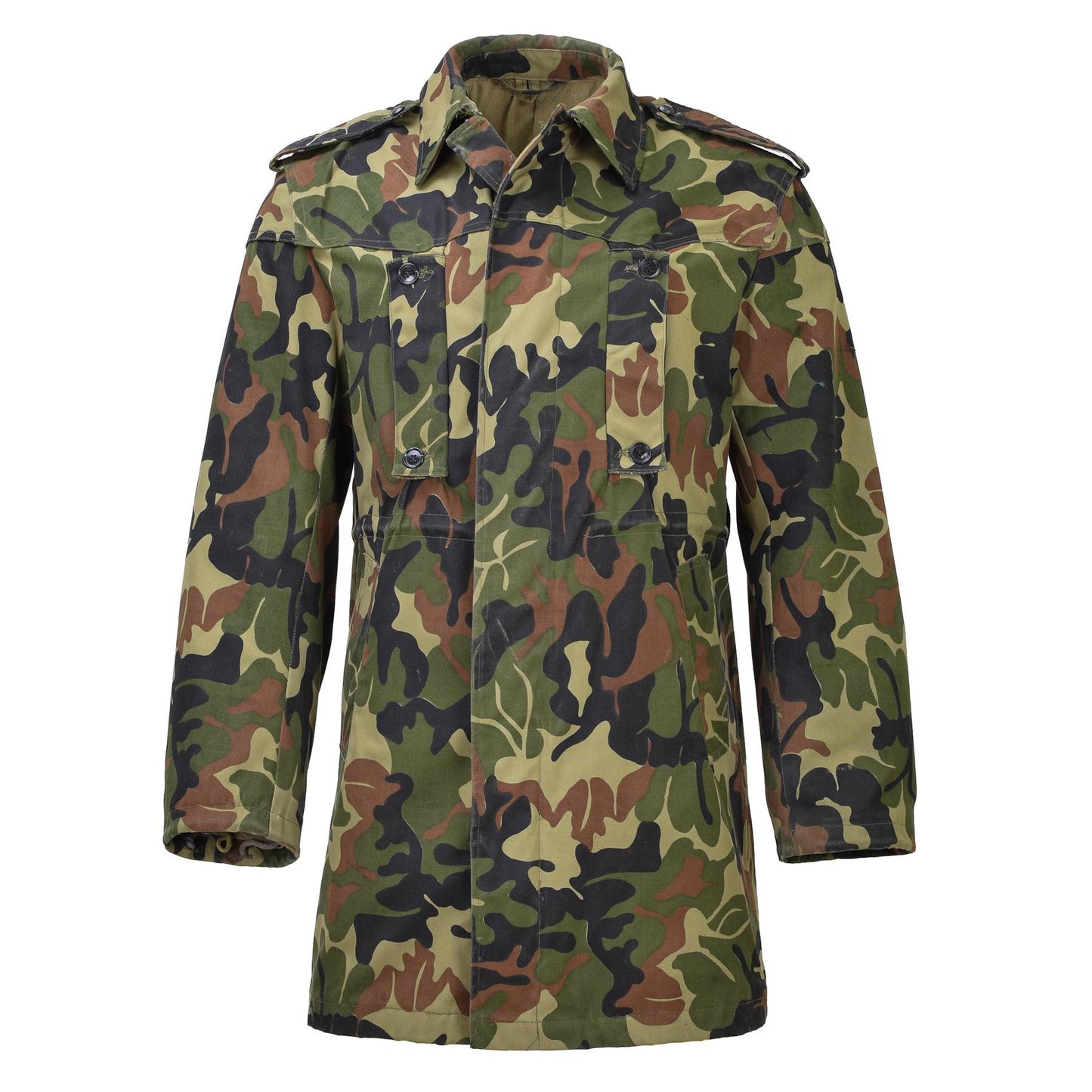 Rumunijos kariuomenės ilga lauko parka M93 su gobtuvu Woodland kamufliažas, patvari ir funkcionali striukė.