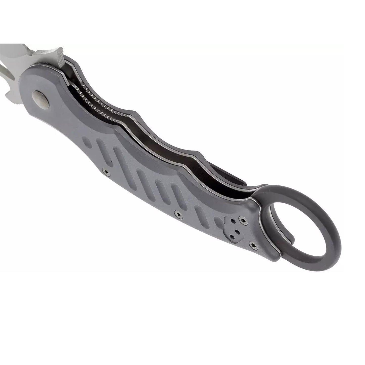 Fox Knives Mini Karambit FX-478 sulankstomas peilis N690Co plieno ašmenys pilkas, ergonomiška rankena su žiedu.