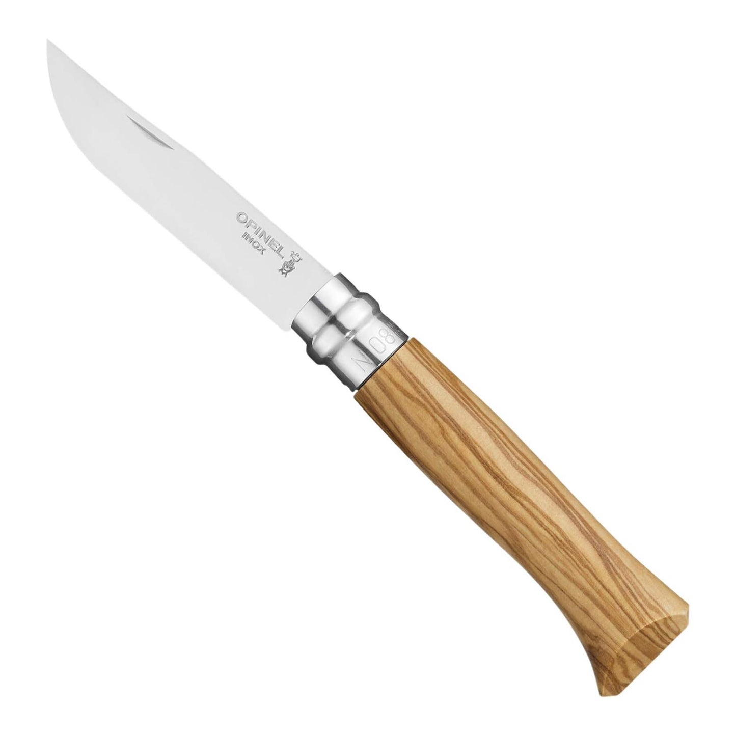 Opinel N°08 kišeninis peilis iš nerūdijančio plieno su alyvmedžio rankena ir aštriu Sandvik 12C27 ašmeniu.