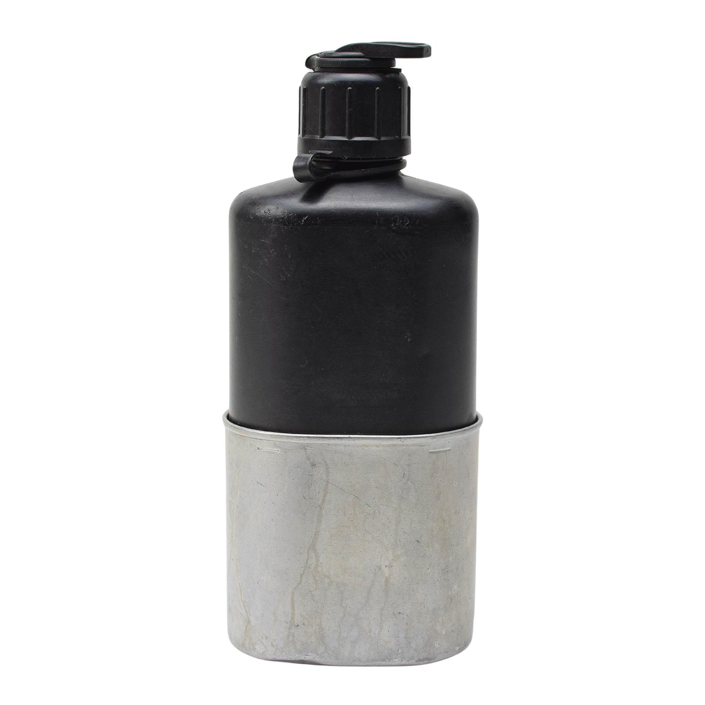 Šveicarijos kariuomenės gertuvės rinkinys M84, juoda 800ml gertuvė iš plastiko su aliuminio puodeliu.