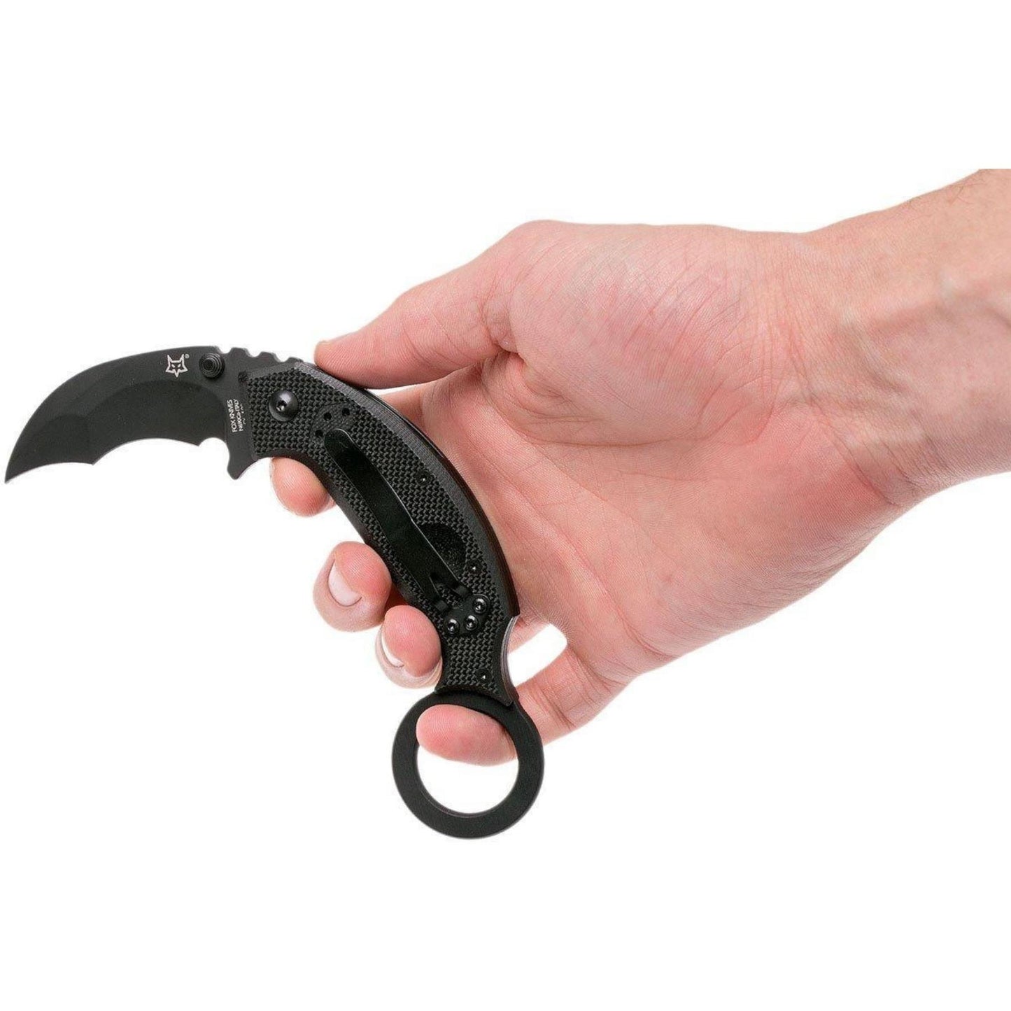 Fox Knives Chiropteka sulankstomas taktinis karambito tipo peilis N690Co plienas juodas rankoje
