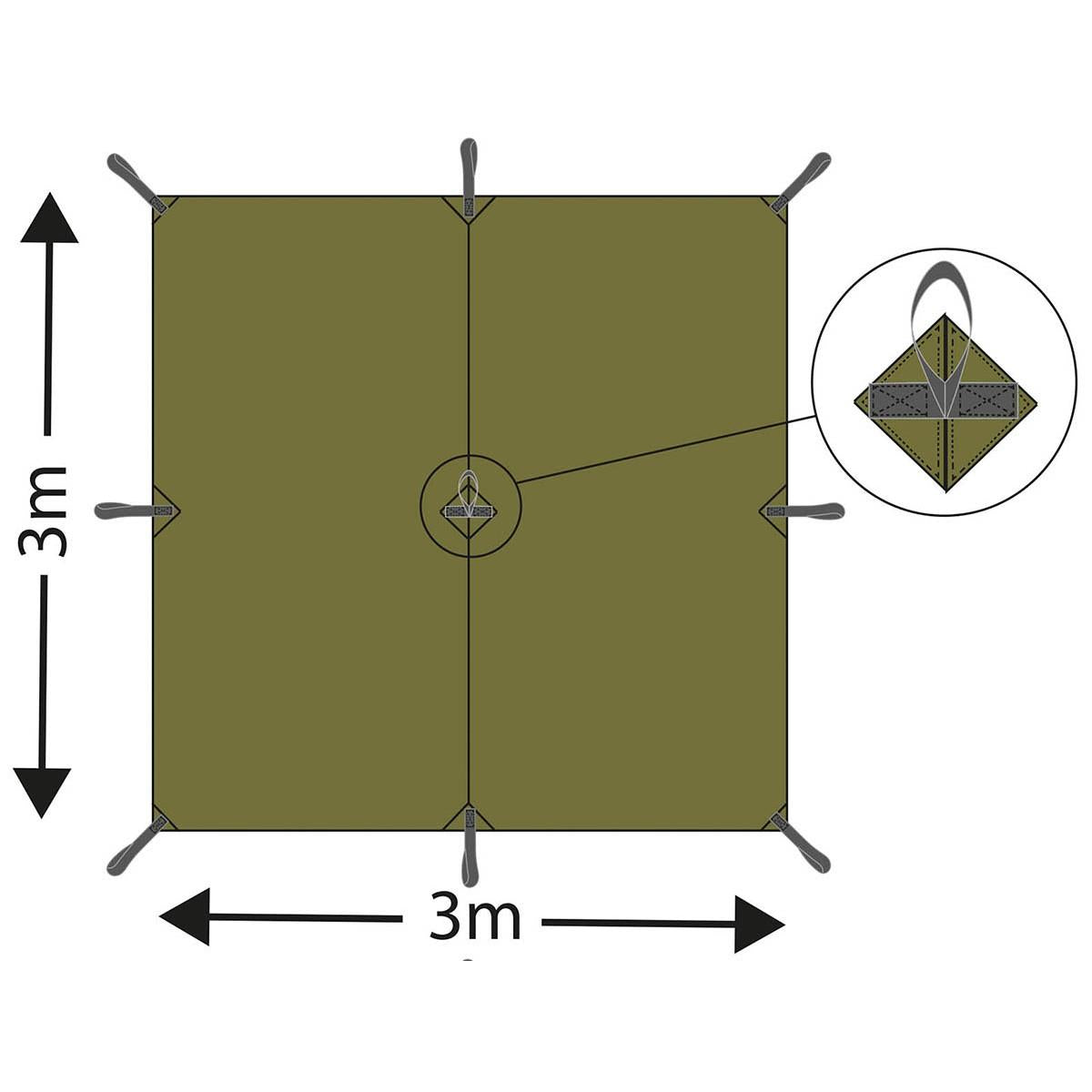 MFH vandeniui atsparus tentas su transportavimo krepšiu Flecktarn marginimo 3x3 m su tvirtinimo kilpomis.