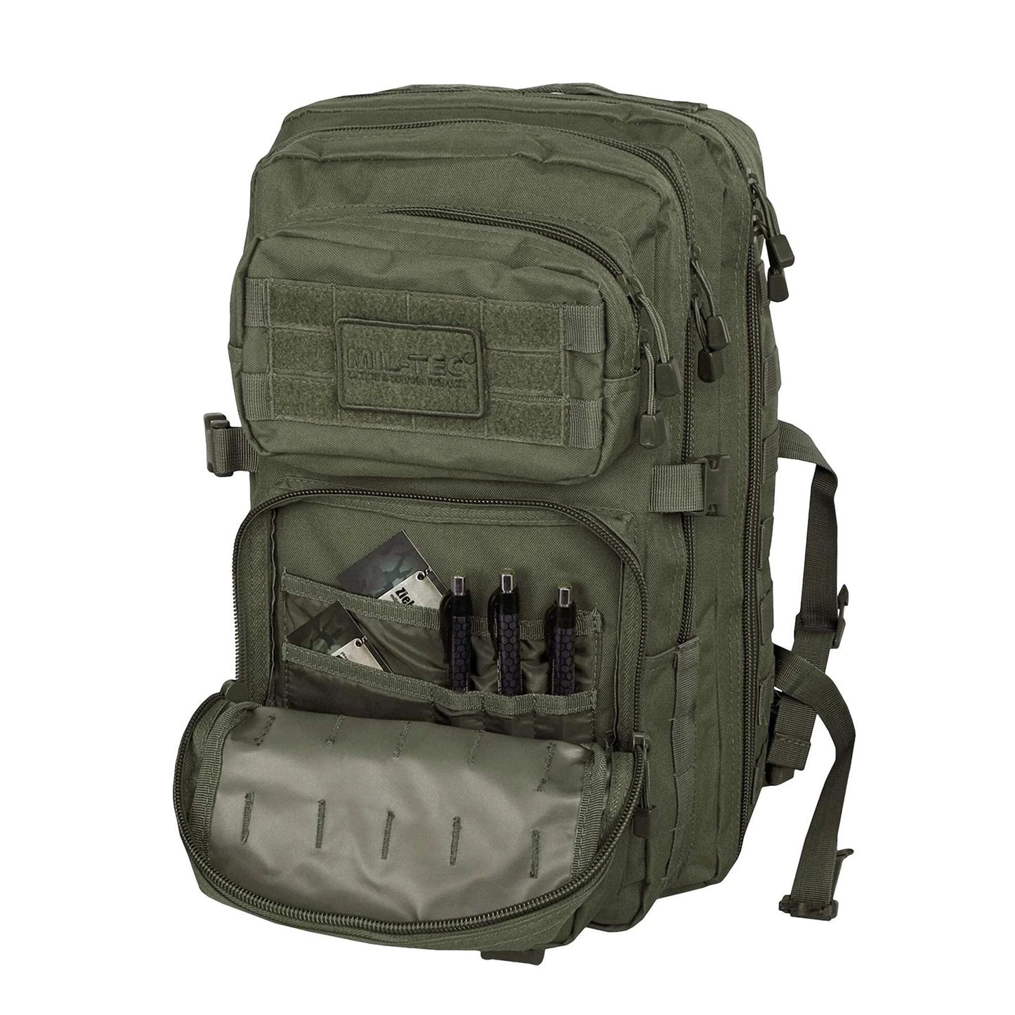 MIL-TEC U.S. Assault combat backpack trekking hiking outdoor rucksack 36L olive, tvirta ir funkcionali kuprinė lauko veiklai.