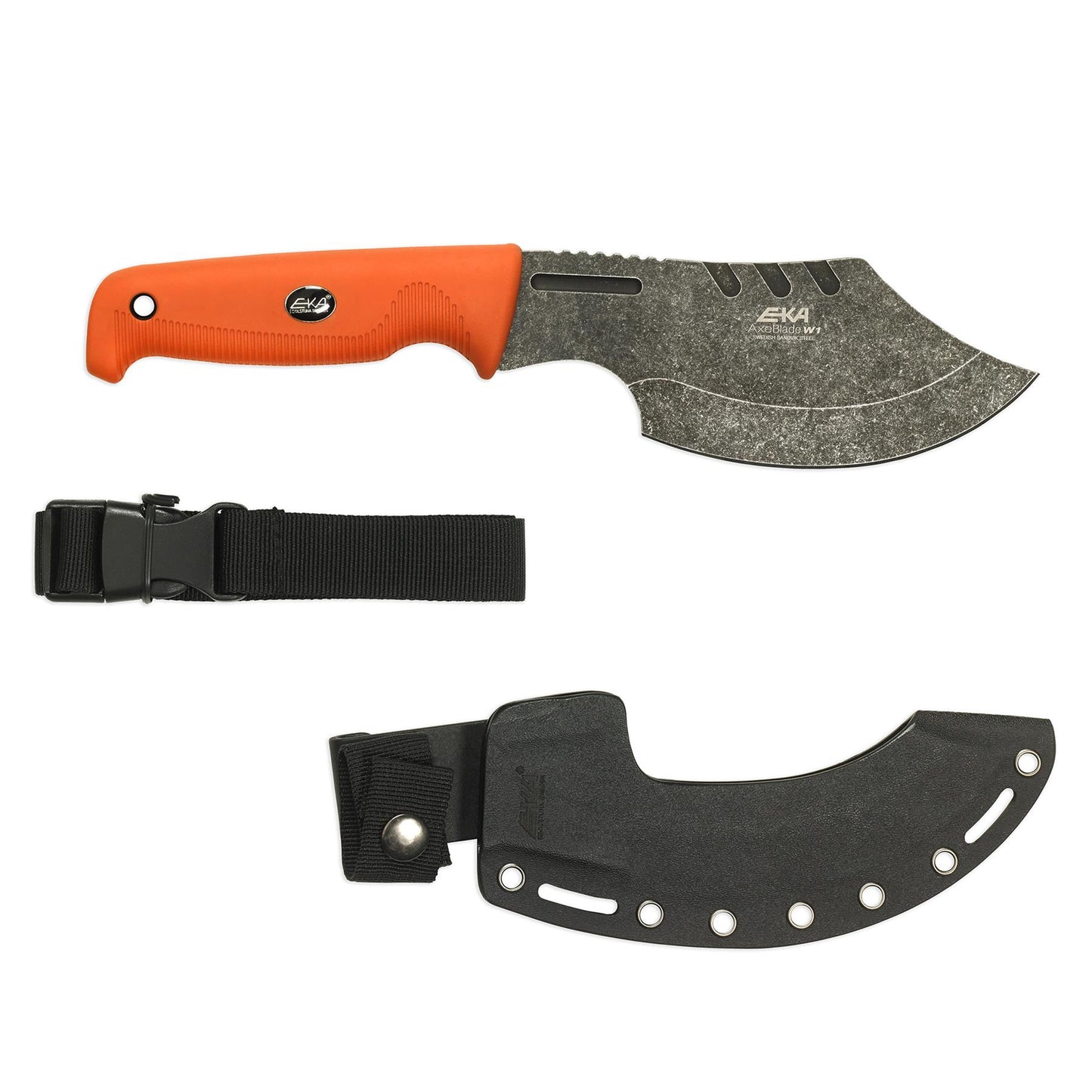 EKA AxeBlade W1 fiksuotas peilis su kirvio stiliaus 16,5 cm Sandvik 12C27 geležte ir oranžine G10 rankena.