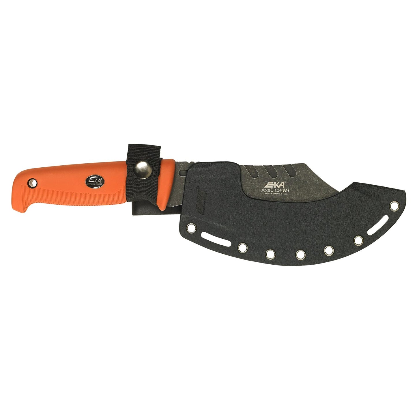 EKA AxeBlade W1 fiksuotas peilis su kirvio stiliaus ašmenimis ir oranžine G10 rankena dėkle.