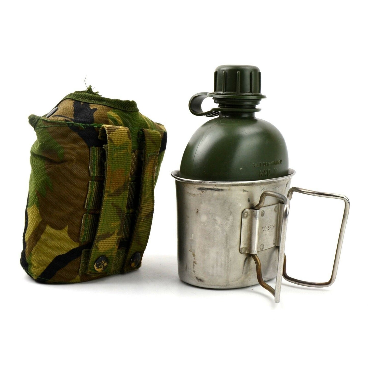 Nyderlandų kariuomenės gertuvės rinkinys su puodeliu Alice tvirtinimas woodland camo dėklu ir 950ml gertuve.