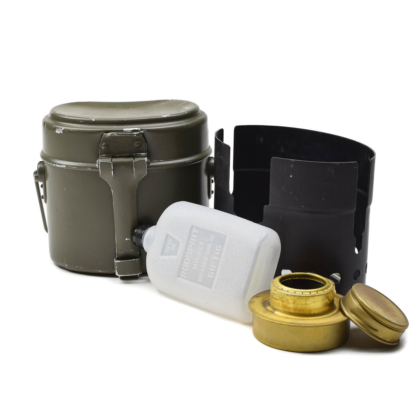 Trangia SEVA Austrijos turistinis indų ir viryklės rinkinys stovyklavimui su puodu, spiritine virykle ir degalų talpykla.